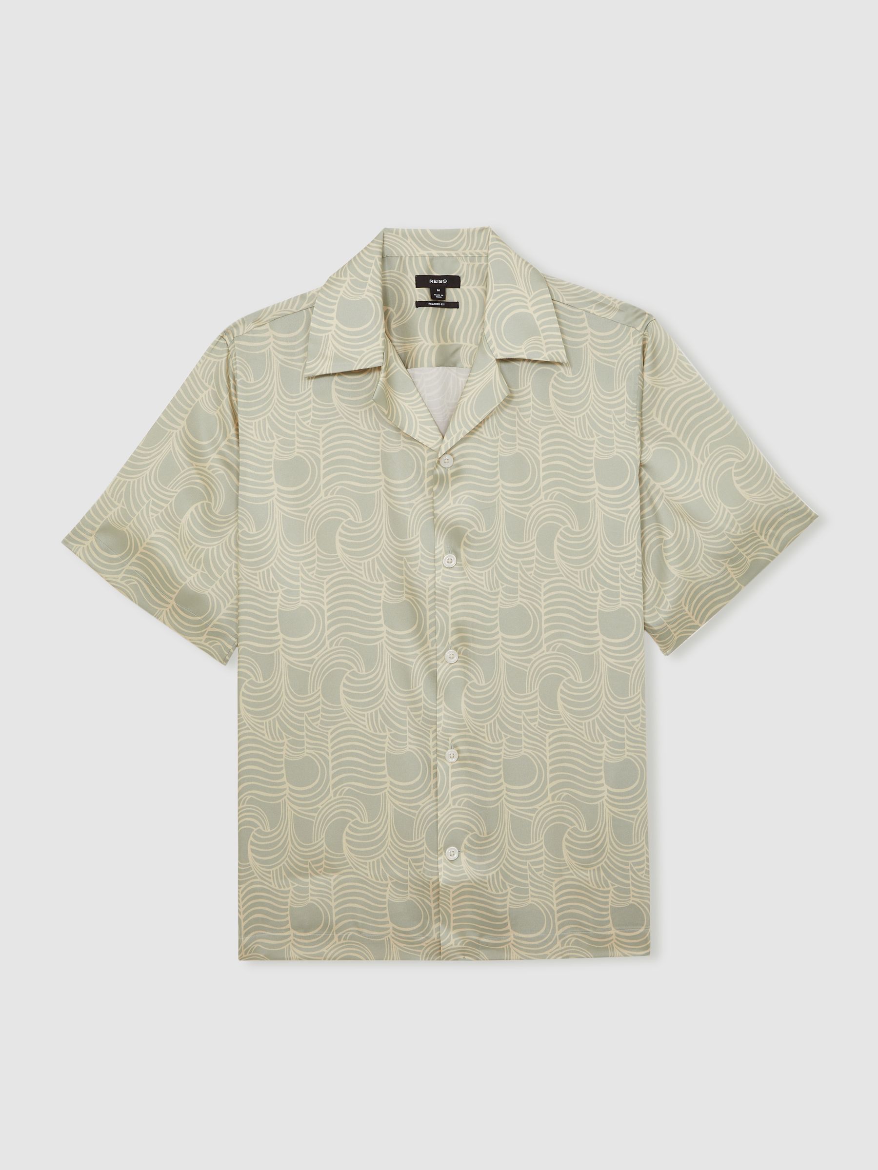 Wave Print Cuban Collar Shirt in Sage Green - Image 2 of 5