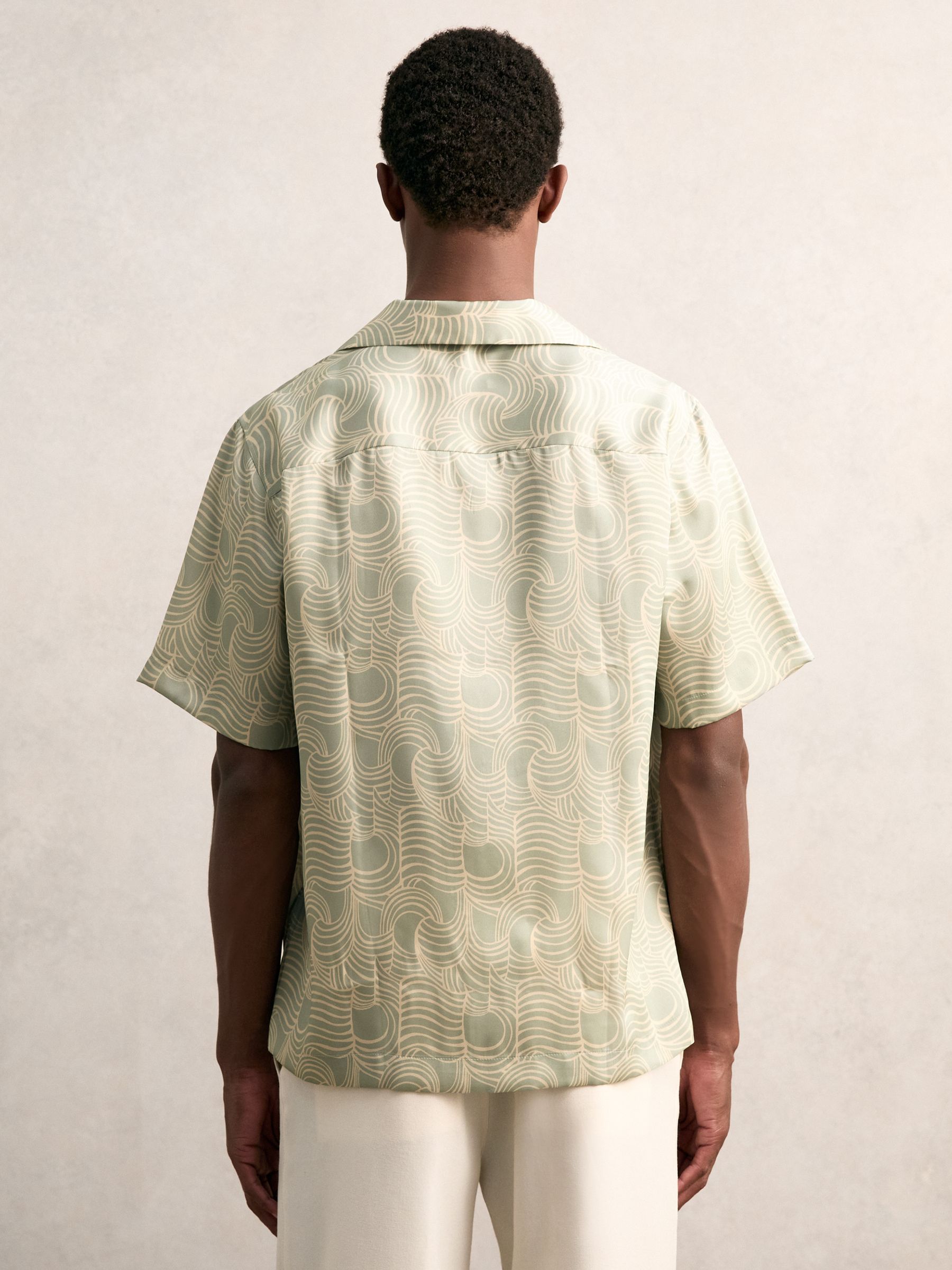 Wave Print Cuban Collar Shirt in Sage Green - Image 4 of 5