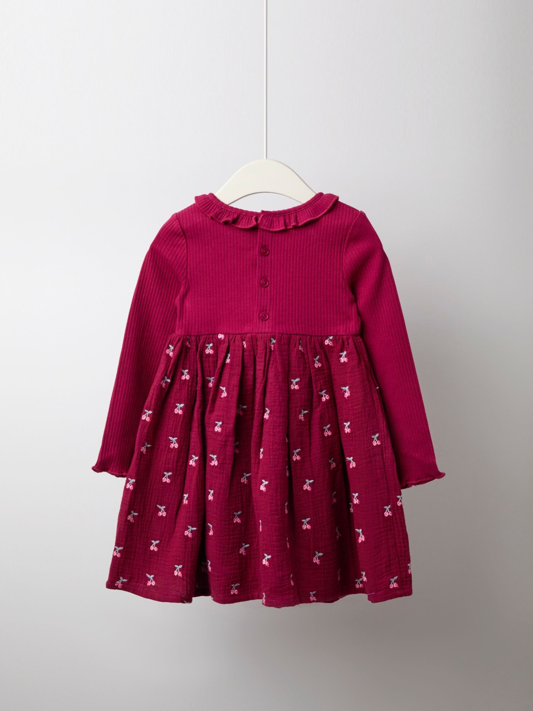 Berry Pink Cherry Embroidered Rib Cheesecloth Dress - Image 6 of 6