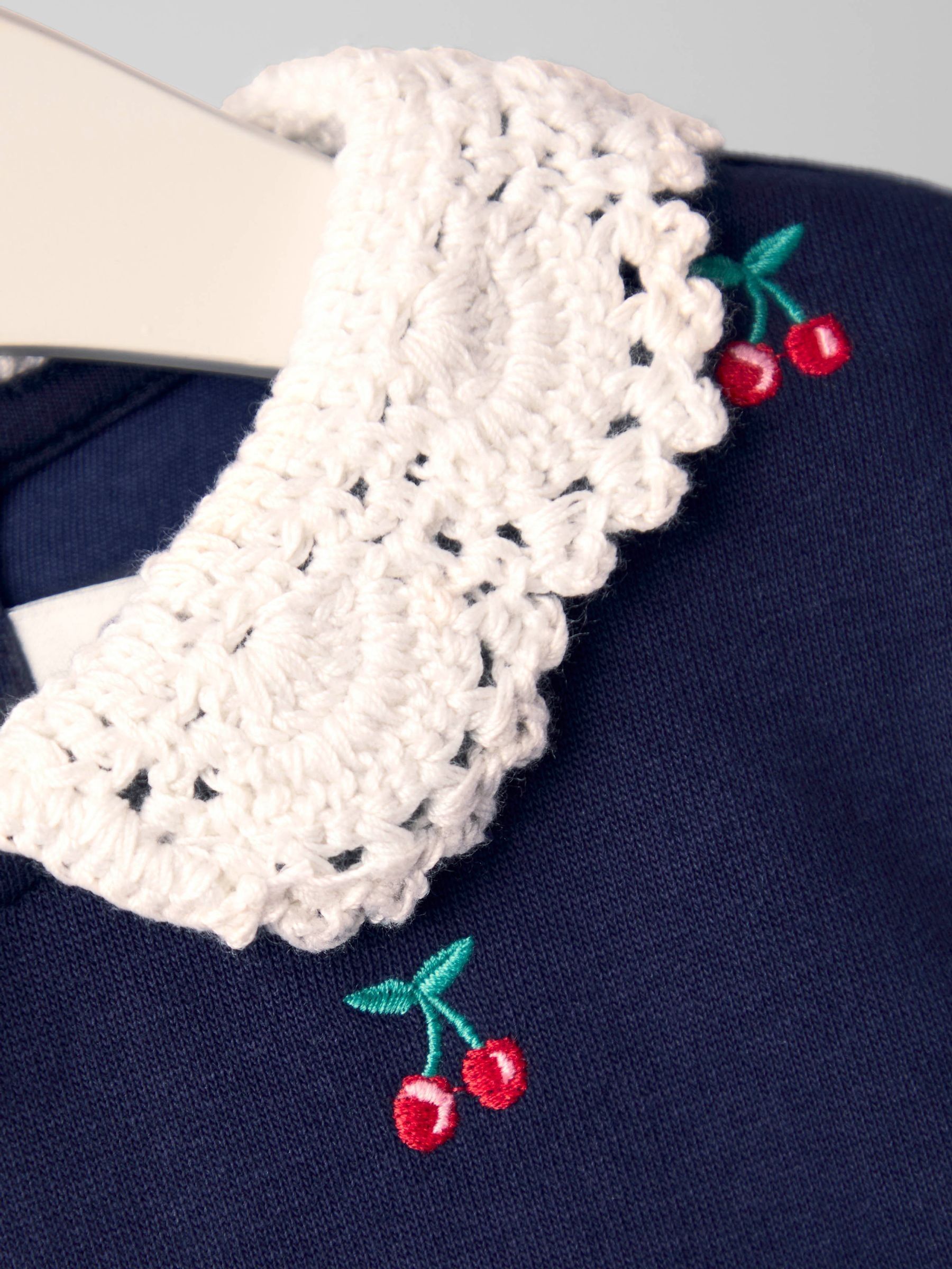 Navy Blue Cherry Crochet Collar Embroidered Sweat Dress - Image 3 of 4