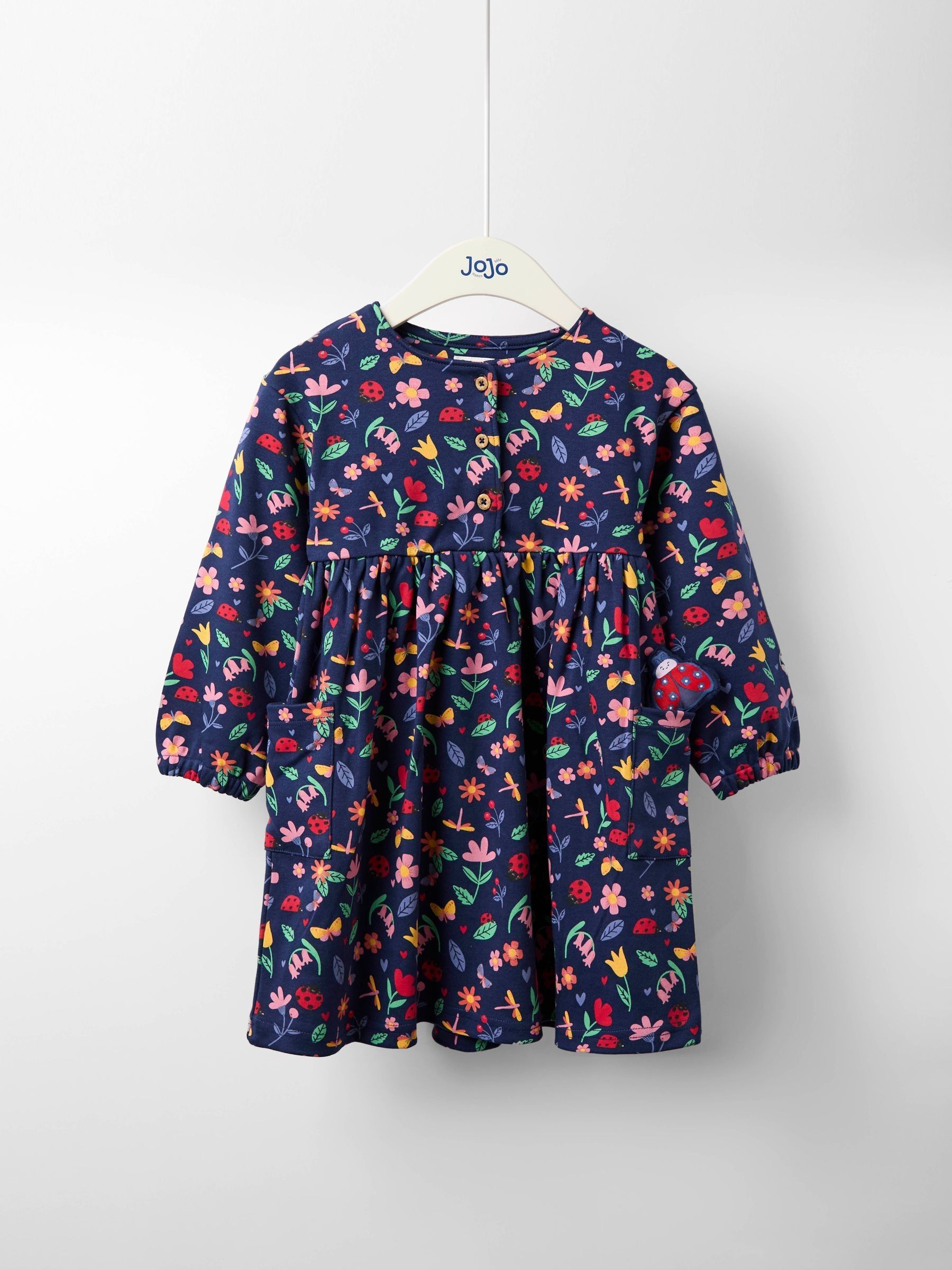Navy Blue Ladybird Drop Shoulder Printed Pet In Pocket Dress - Image 1 of 4