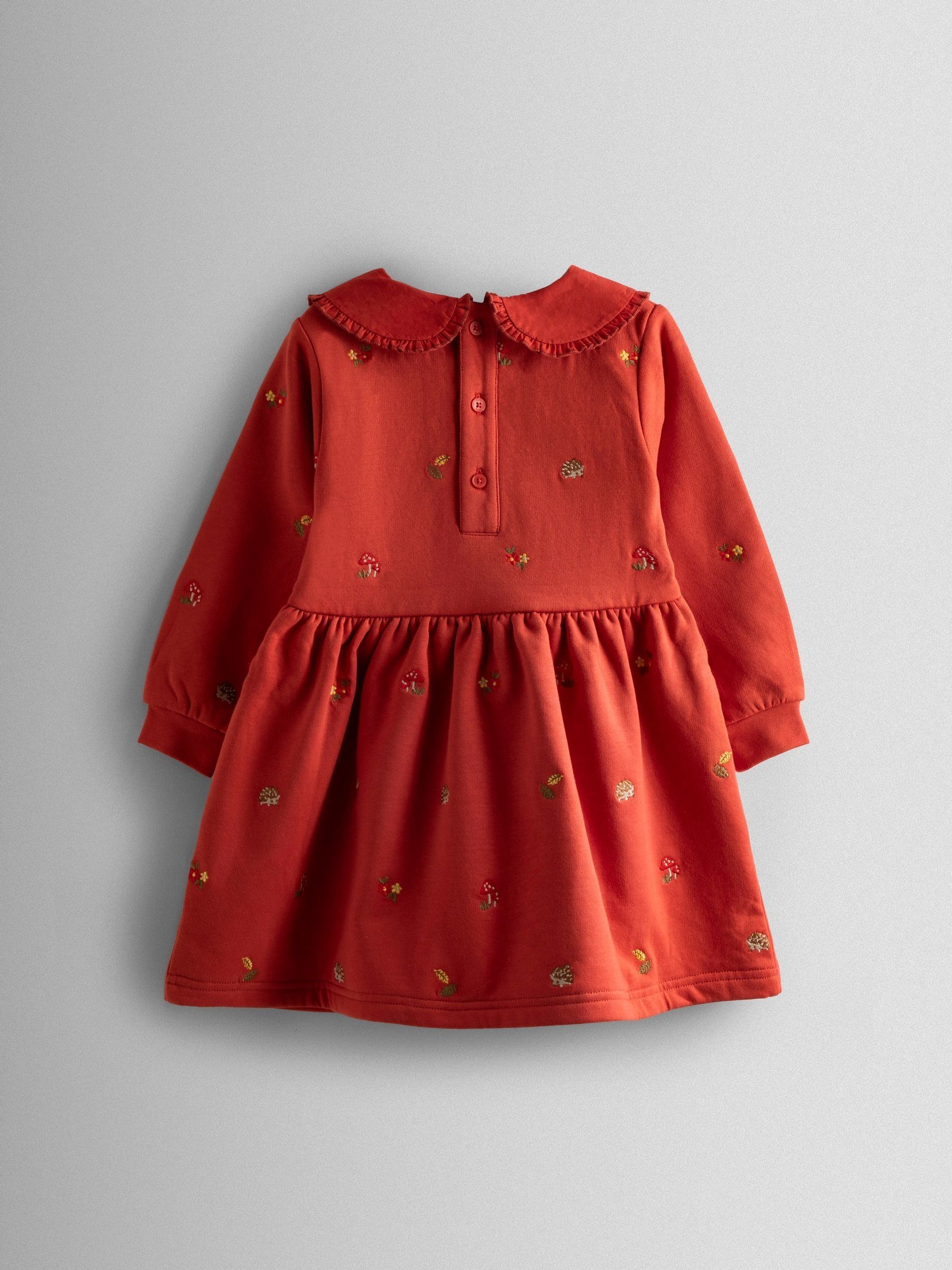 Rust Orange Floral Embroidered Sweat Dress with Collar - Image 4 of 4