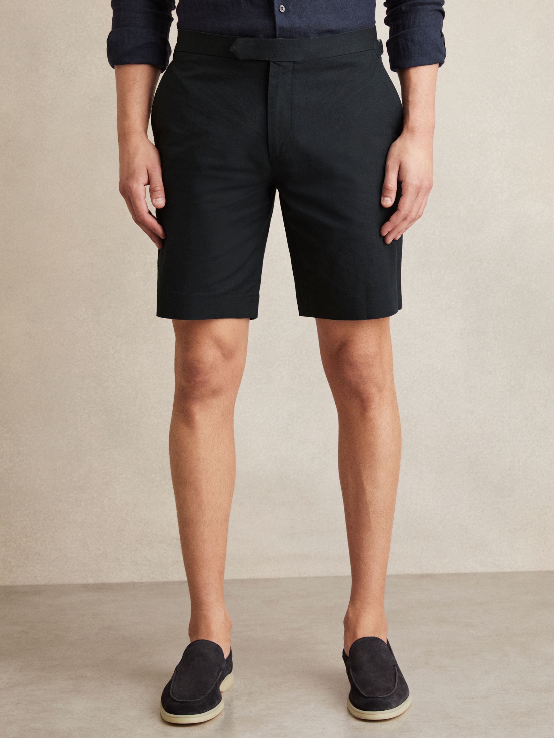 Cotton-Linen Tailored Shorts in Navy - Image 3 of 6
