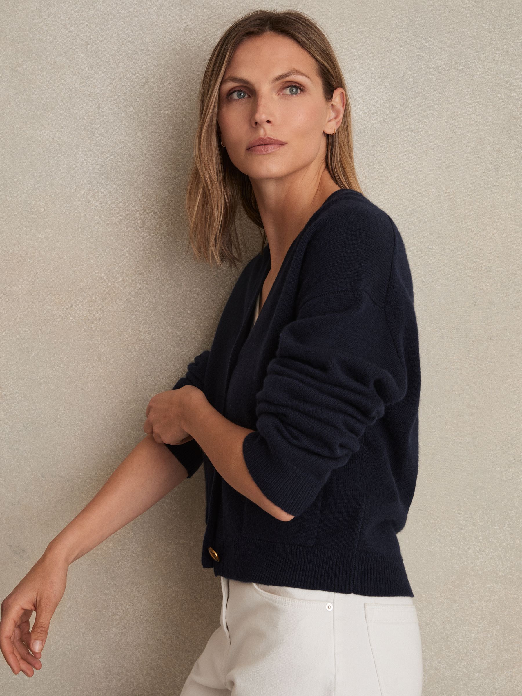 Wool-Cashmere Button Cardigan in Navy - Image 3 of 6