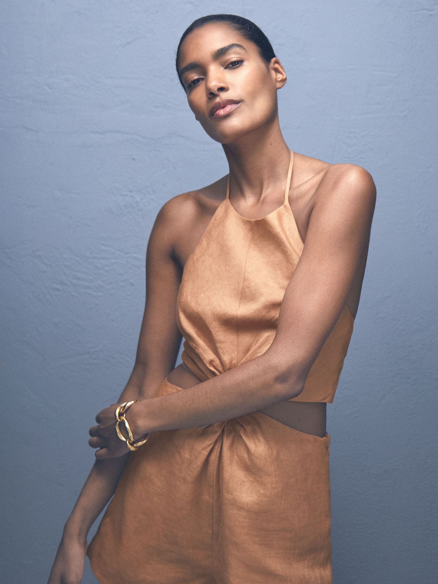 Linen Halterneck Cut Out Playsuit in Brown - Image 3 of 6