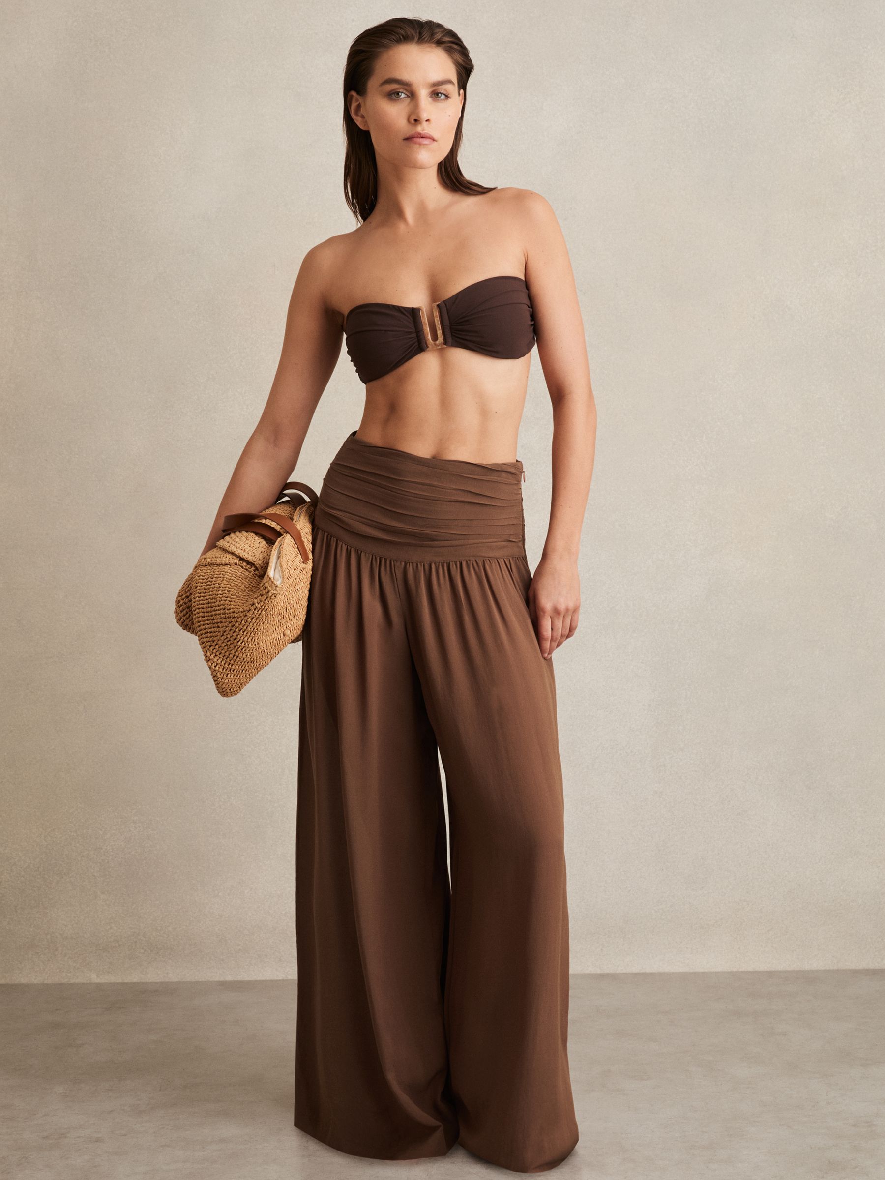 Lyocell Blend Wide Leg Trousers in Brown - Image 1 of 6