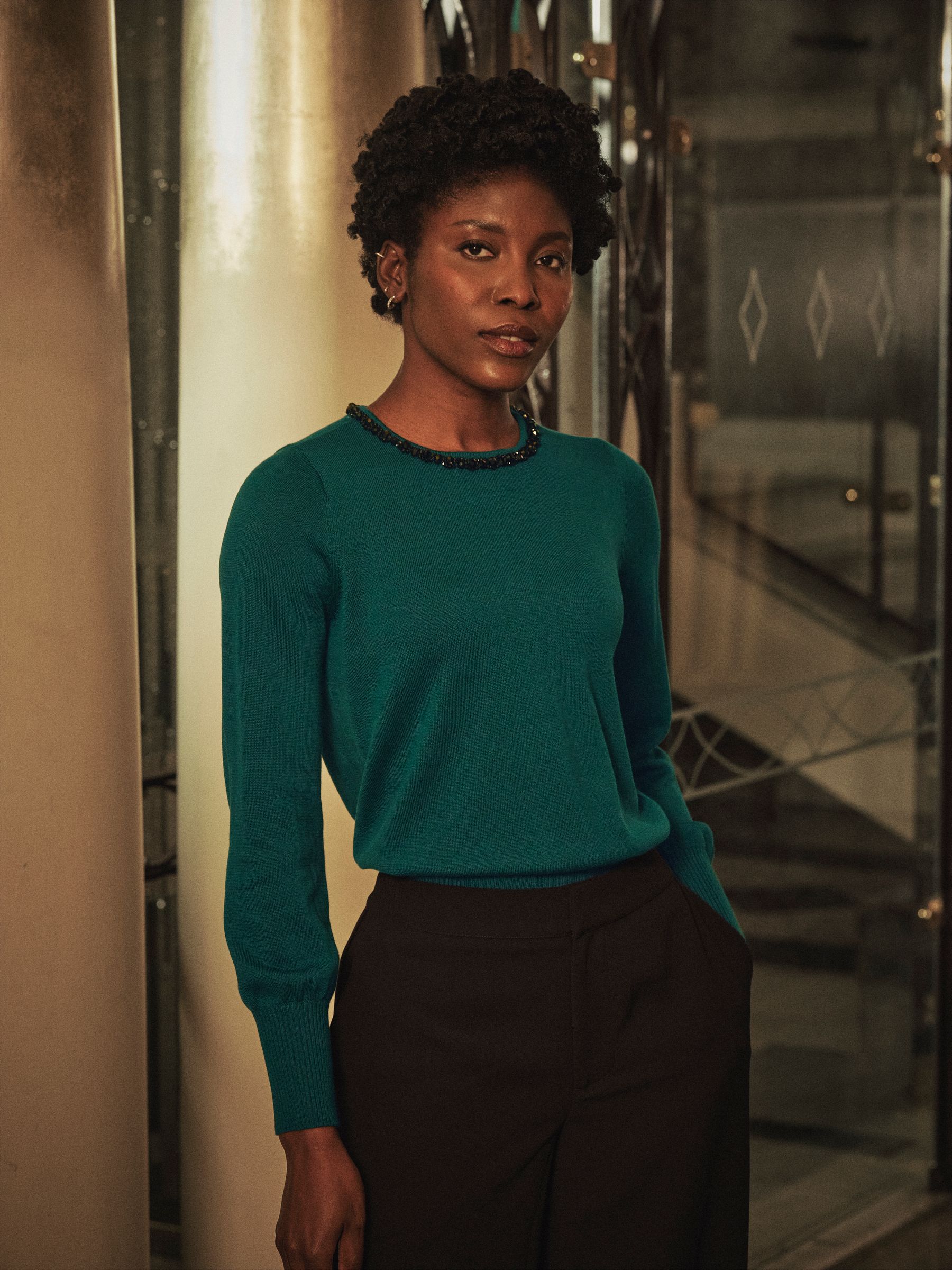 Raya Teal Blue Embellished Knitted Top - Image 1 of 8
