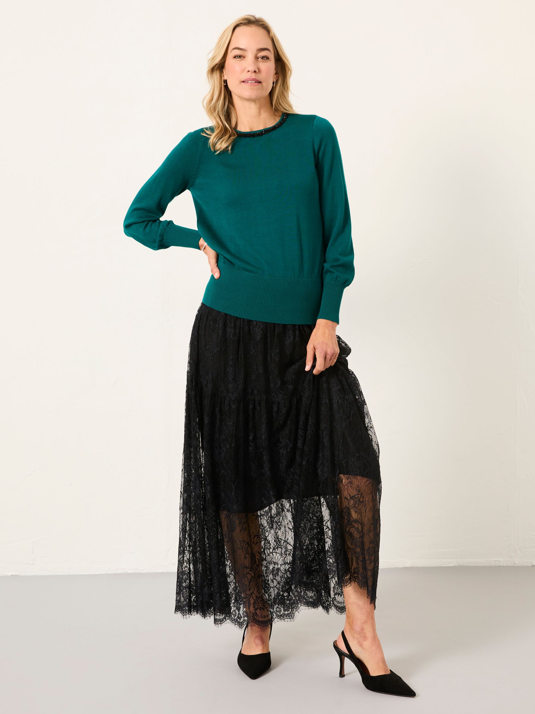 Raya Teal Blue Embellished Knitted Top - Image 4 of 8