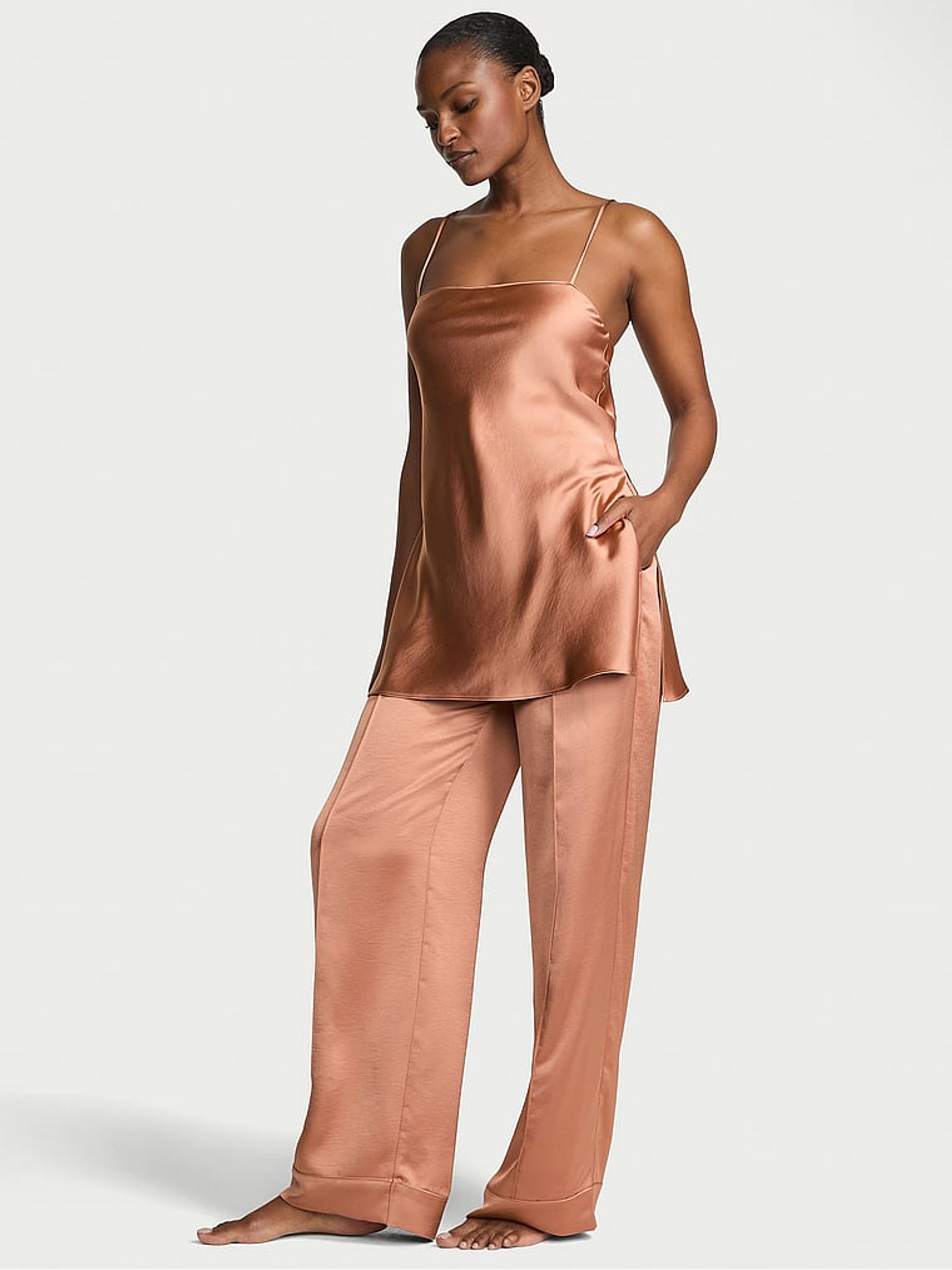 Desert Blush Brown Luxe Satin Tunic and Trouser Set - Image 1 of 2