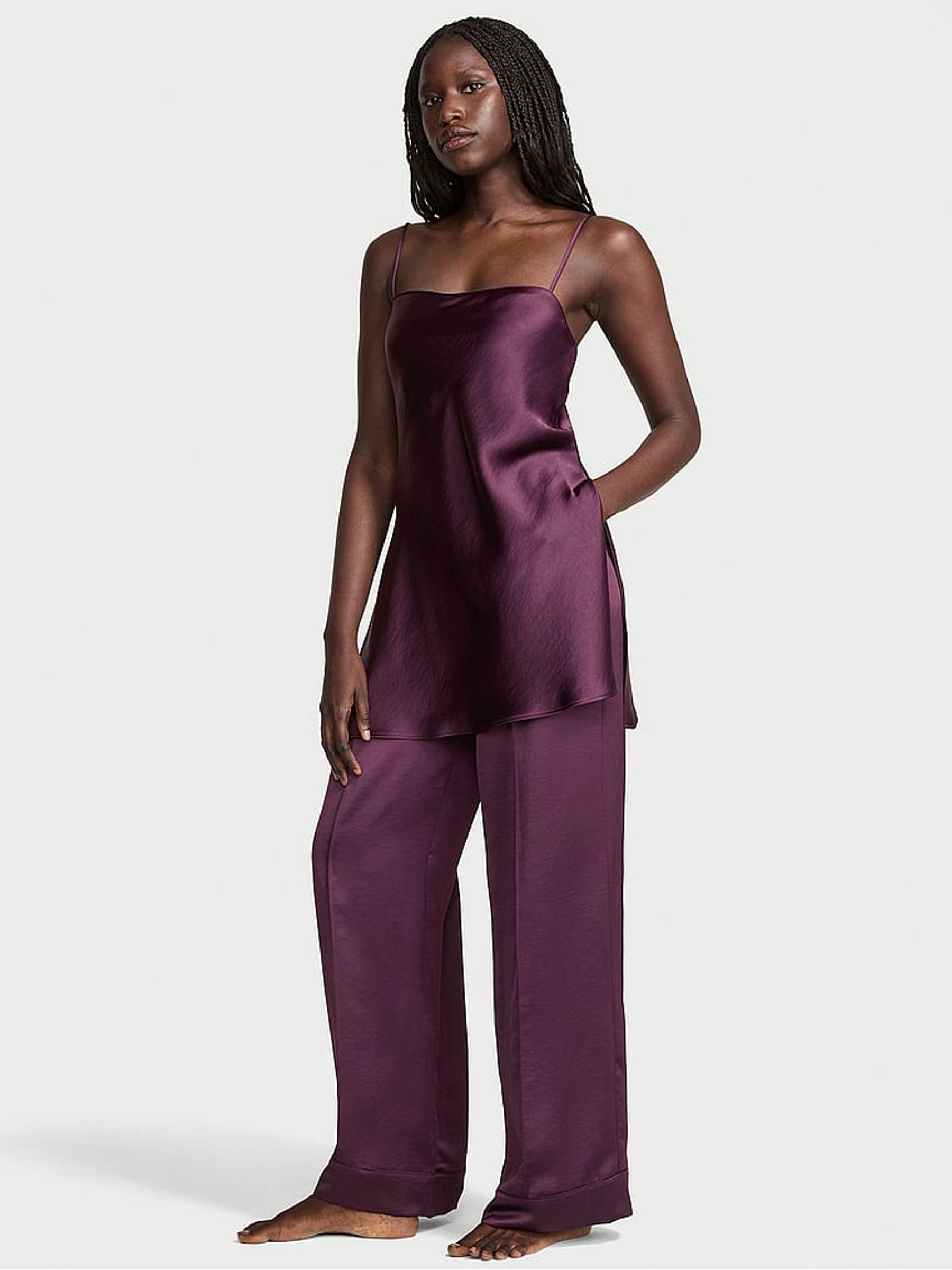 Winter Wine Purple Luxe Satin Tunic and Trouser Set - Image 1 of 2
