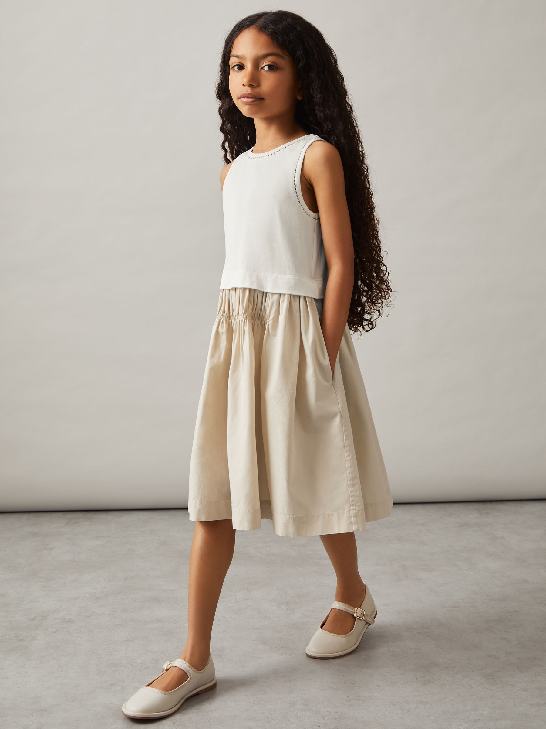 9-13 yrs Cotton Layered Sleeveless Midi Dress in Neutral - Image 3 of 4