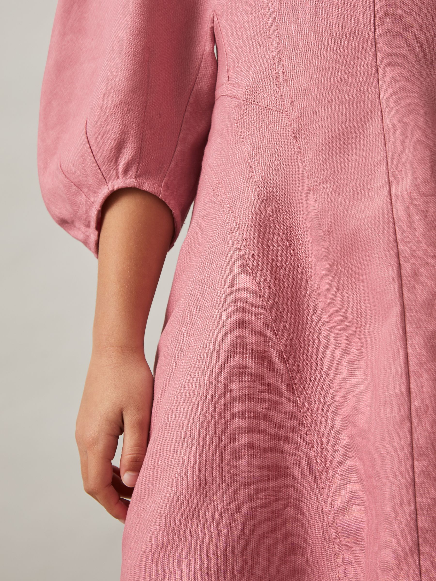 13-14 yrs Linen Balloon-Sleeve Dress in Pink - Image 3 of 5