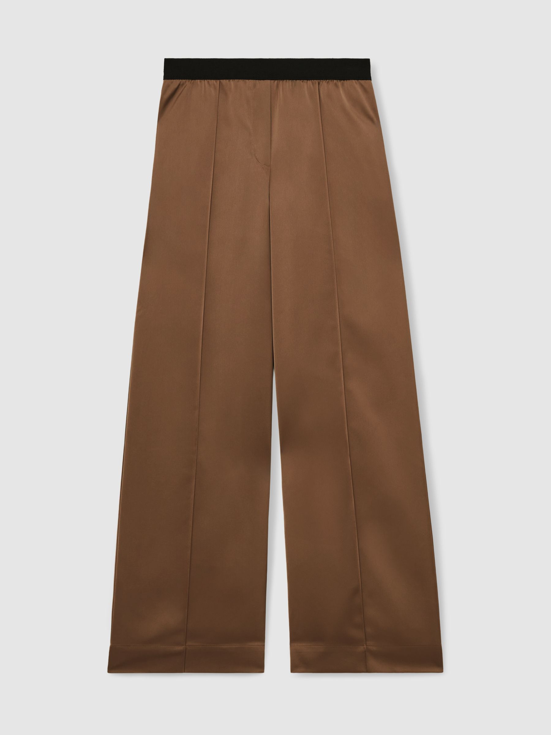 Petite Satin Wide Leg Elastic Waist Trousers in Taupe Neutral - Image 2 of 7