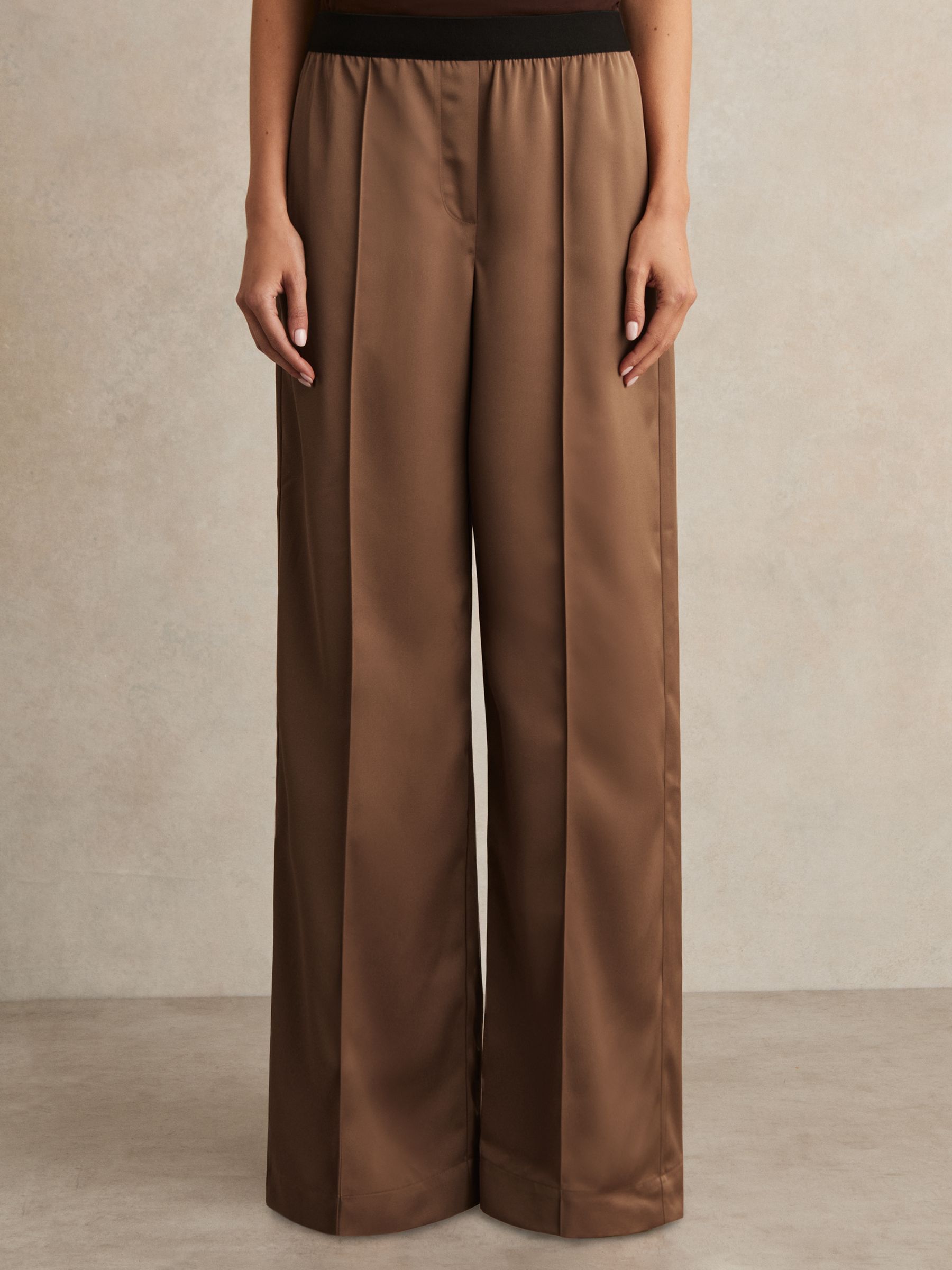 Petite Satin Wide Leg Elastic Waist Trousers in Taupe Neutral - Image 3 of 7