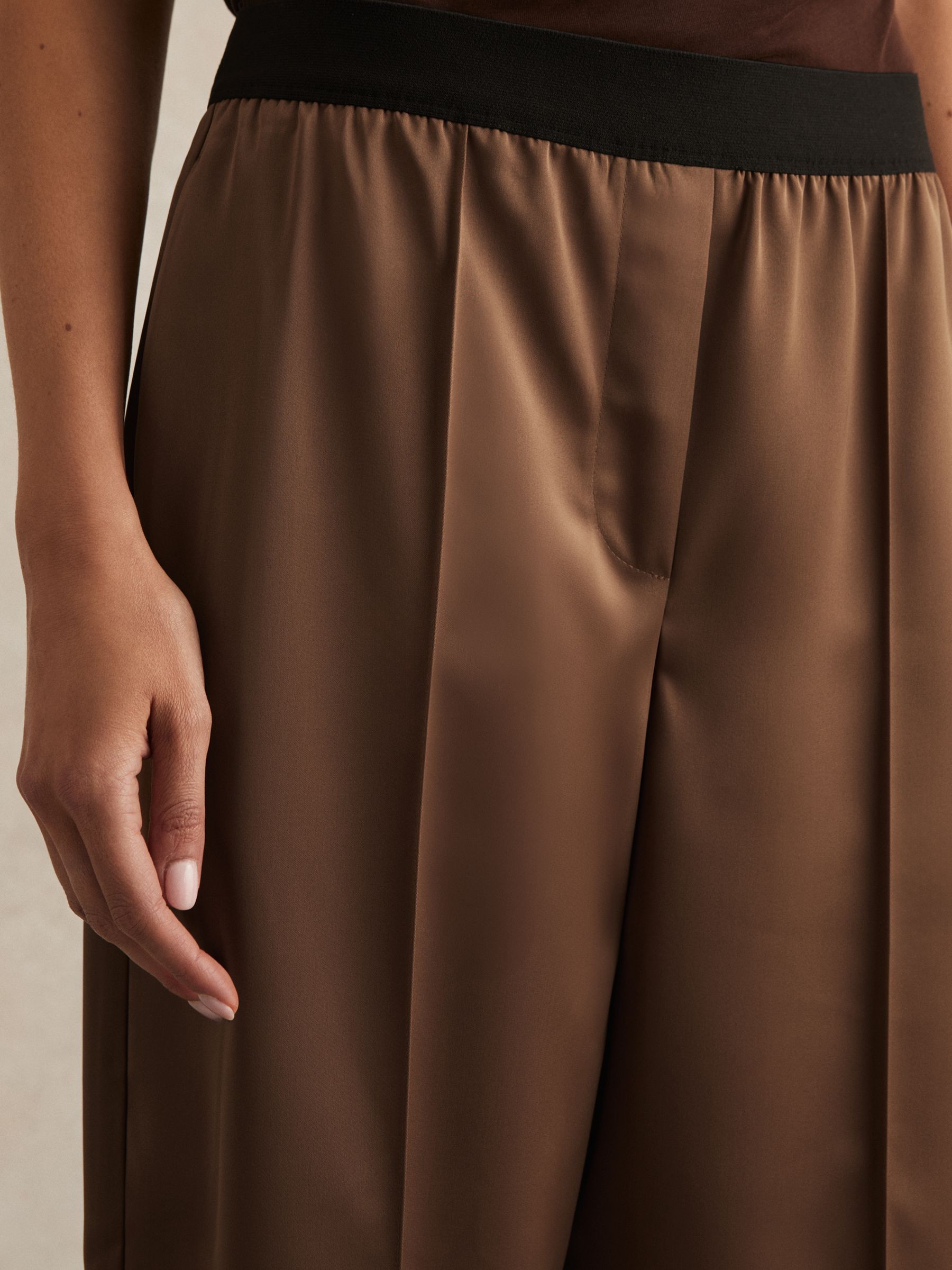 Petite Satin Wide Leg Elastic Waist Trousers in Taupe Neutral - Image 4 of 7