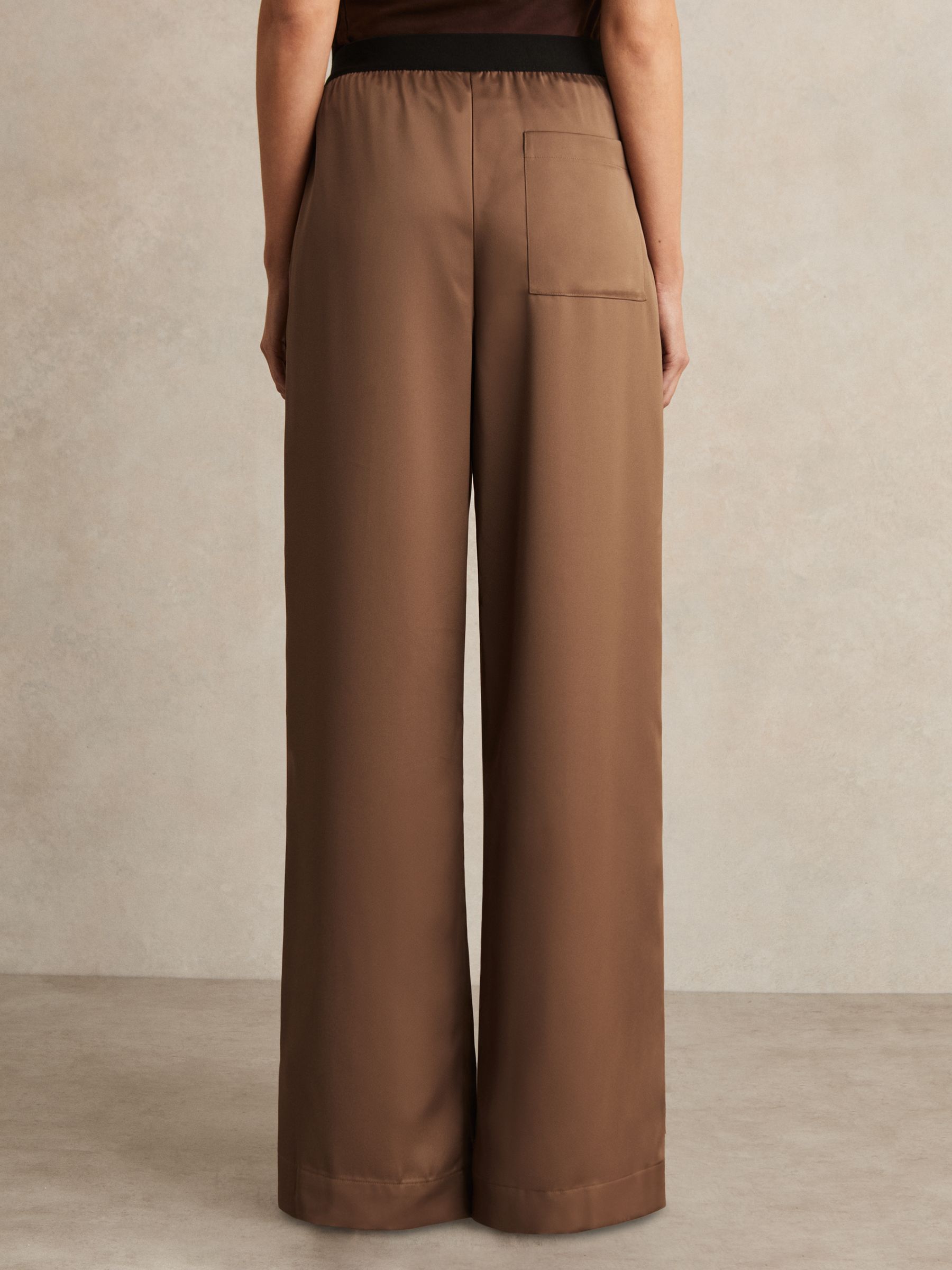 Petite Satin Wide Leg Elastic Waist Trousers in Taupe Neutral - Image 5 of 7