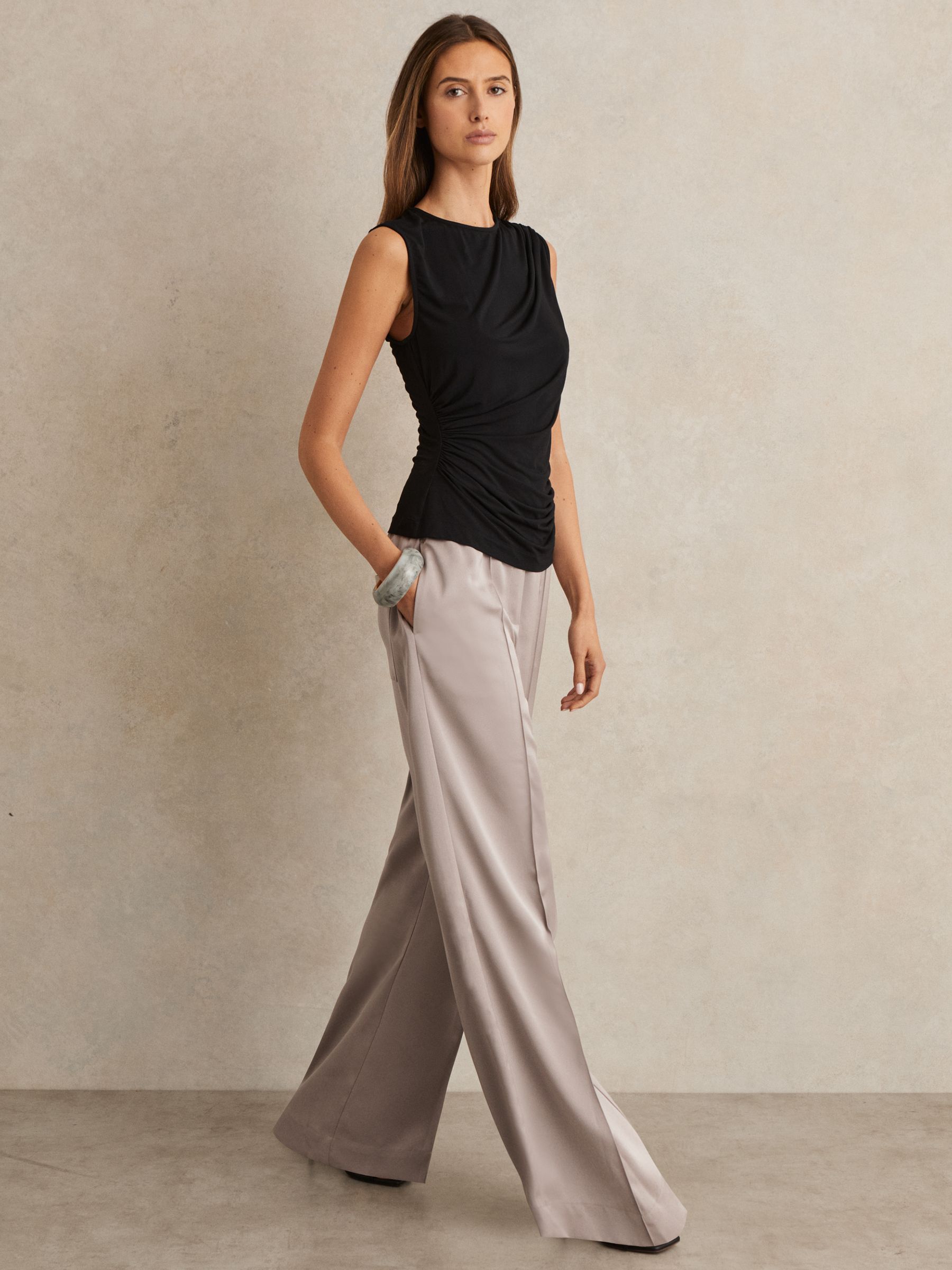 Petite Satin Wide Leg Elastic Waist Trousers in Grey - Image 1 of 7 Petite Satin Wide Leg Elastic Waist Trousers in Grey - Image 1 of 7