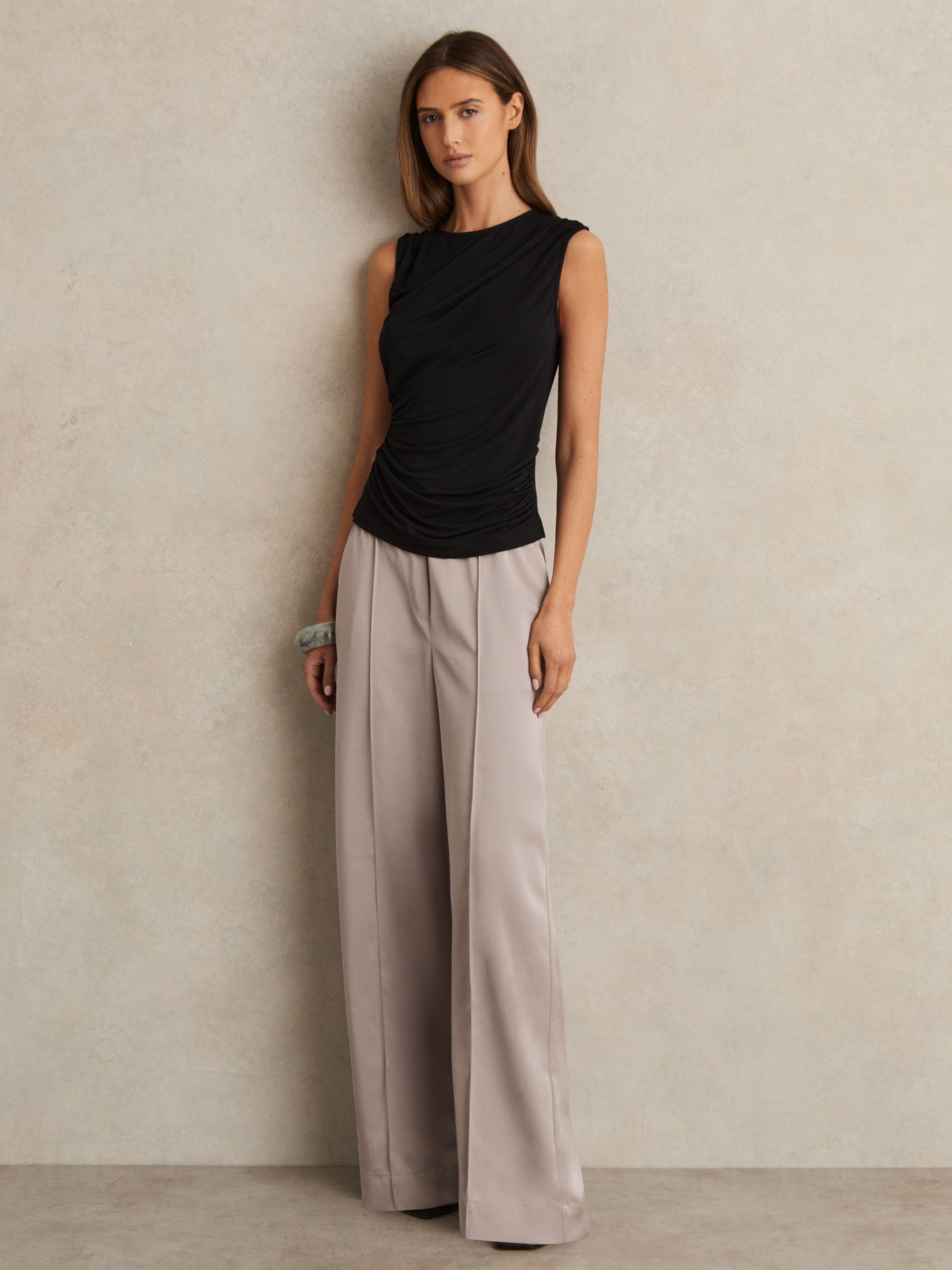 Satin Wide Leg Elastic Waist Trousers in Grey - Image 1 of 6 Satin Wide Leg Elastic Waist Trousers in Grey - Image 1 of 6