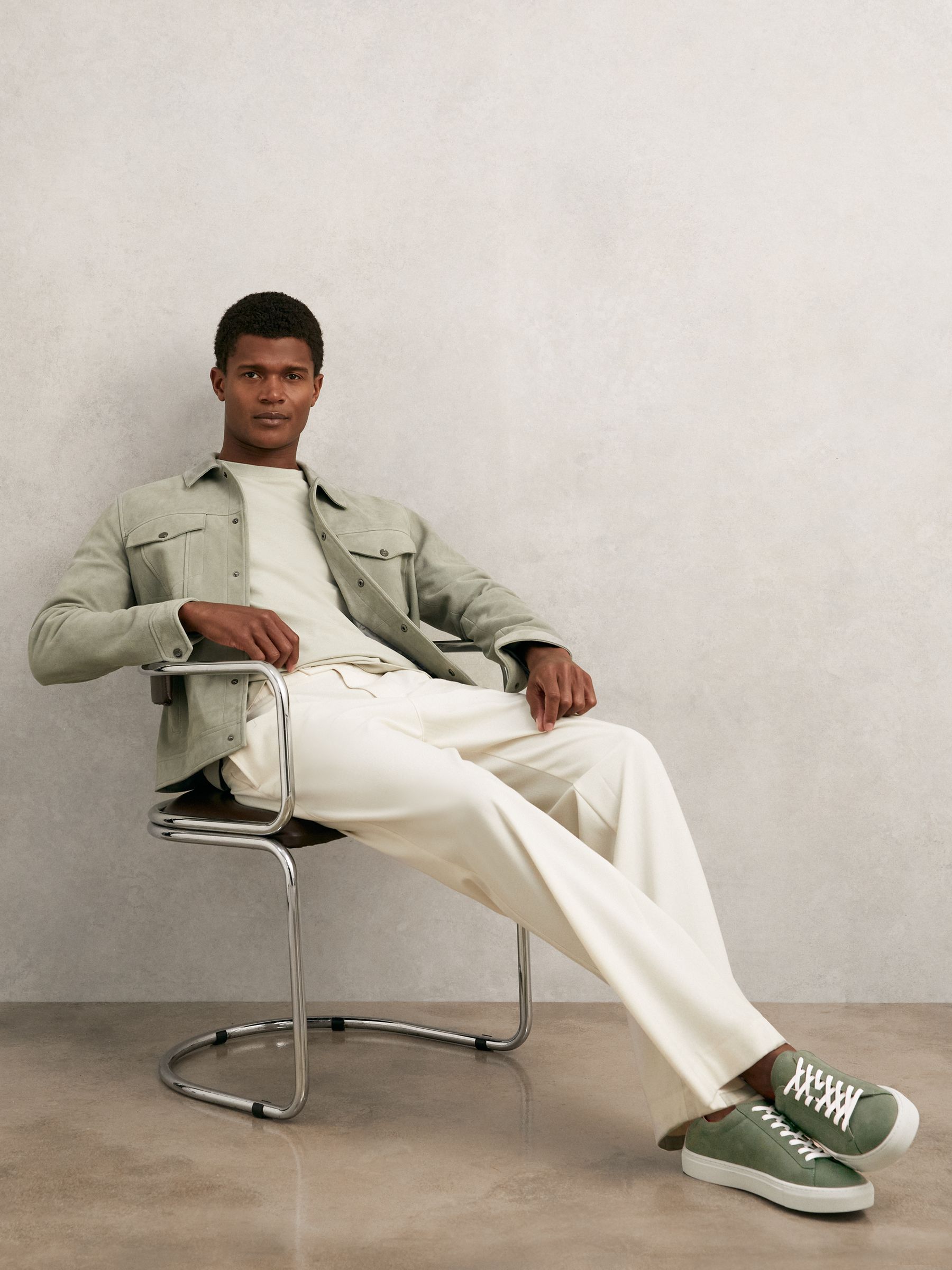 Nubuck Leather Low-Top Trainers in Thyme Green - Image 2 of 5