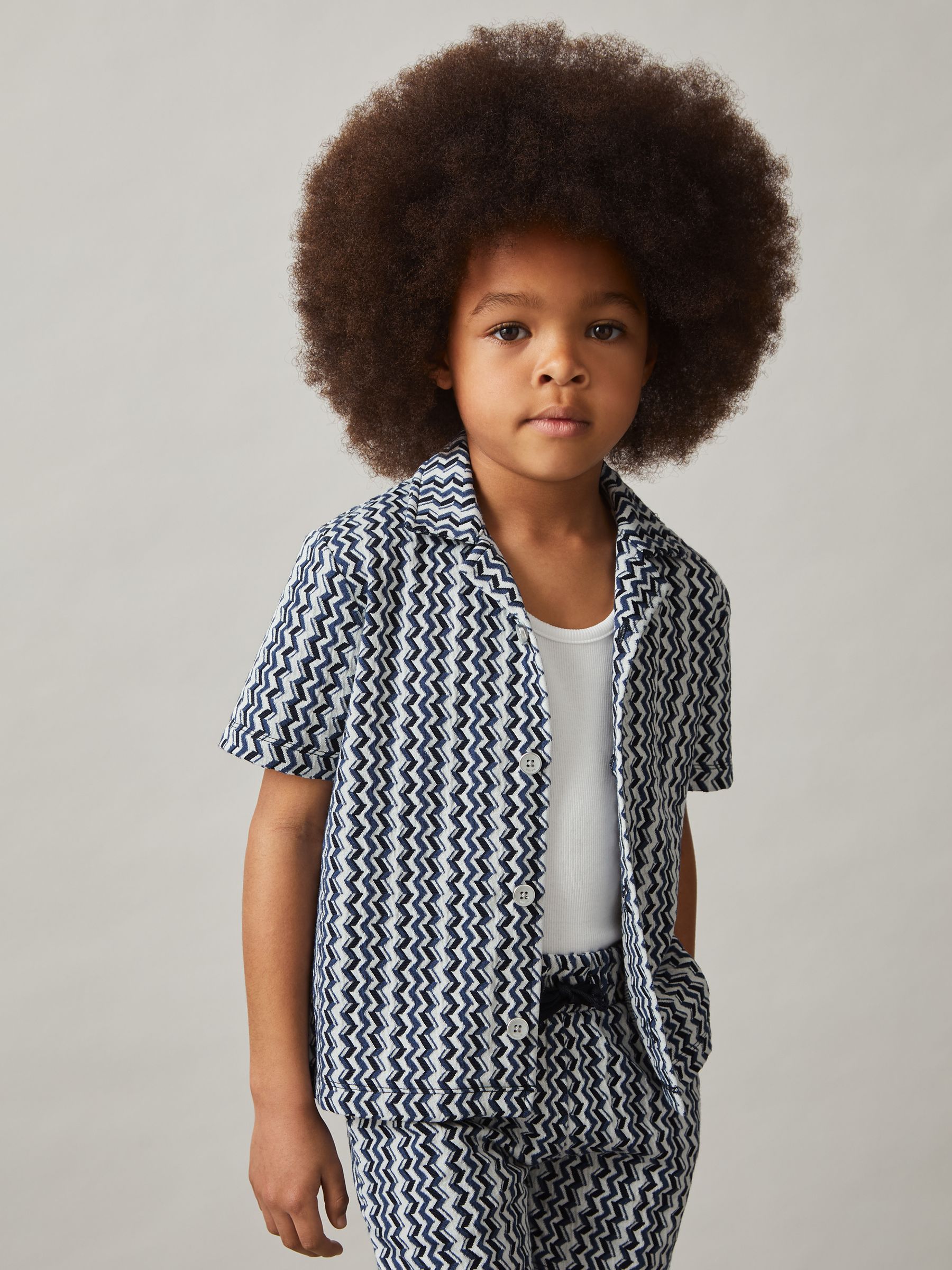 3-9 yrs Zig-Zag Knit Cuban-Collar Shirt in Blue - Image 1 of 4 3-9 yrs Zig-Zag Knit Cuban-Collar Shirt in Blue - Image 1 of 4