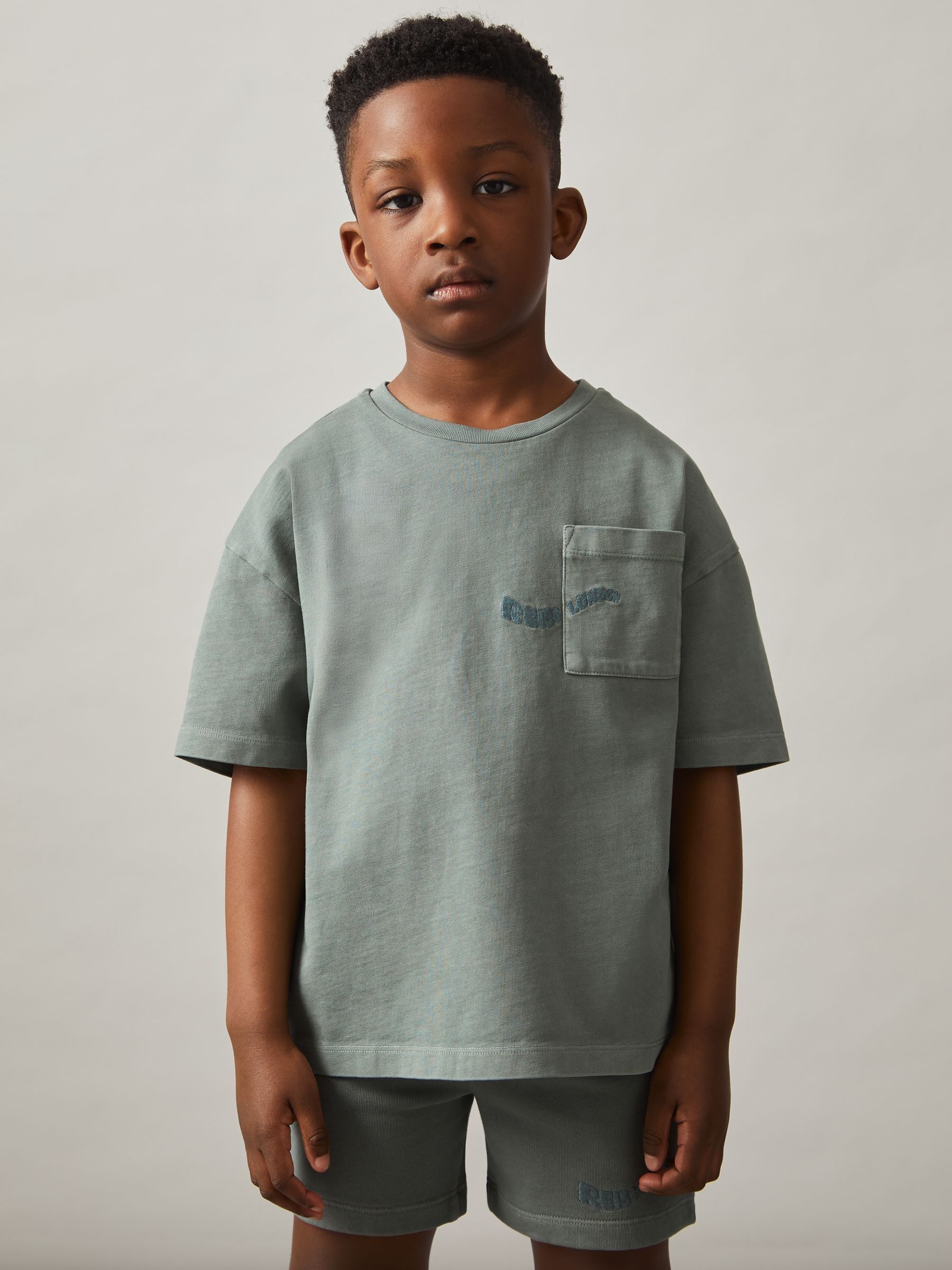 3-9 yrs Cotton Palm-Embroidery Oversize T-Shirt in Washed Sage - Image 3 of 5