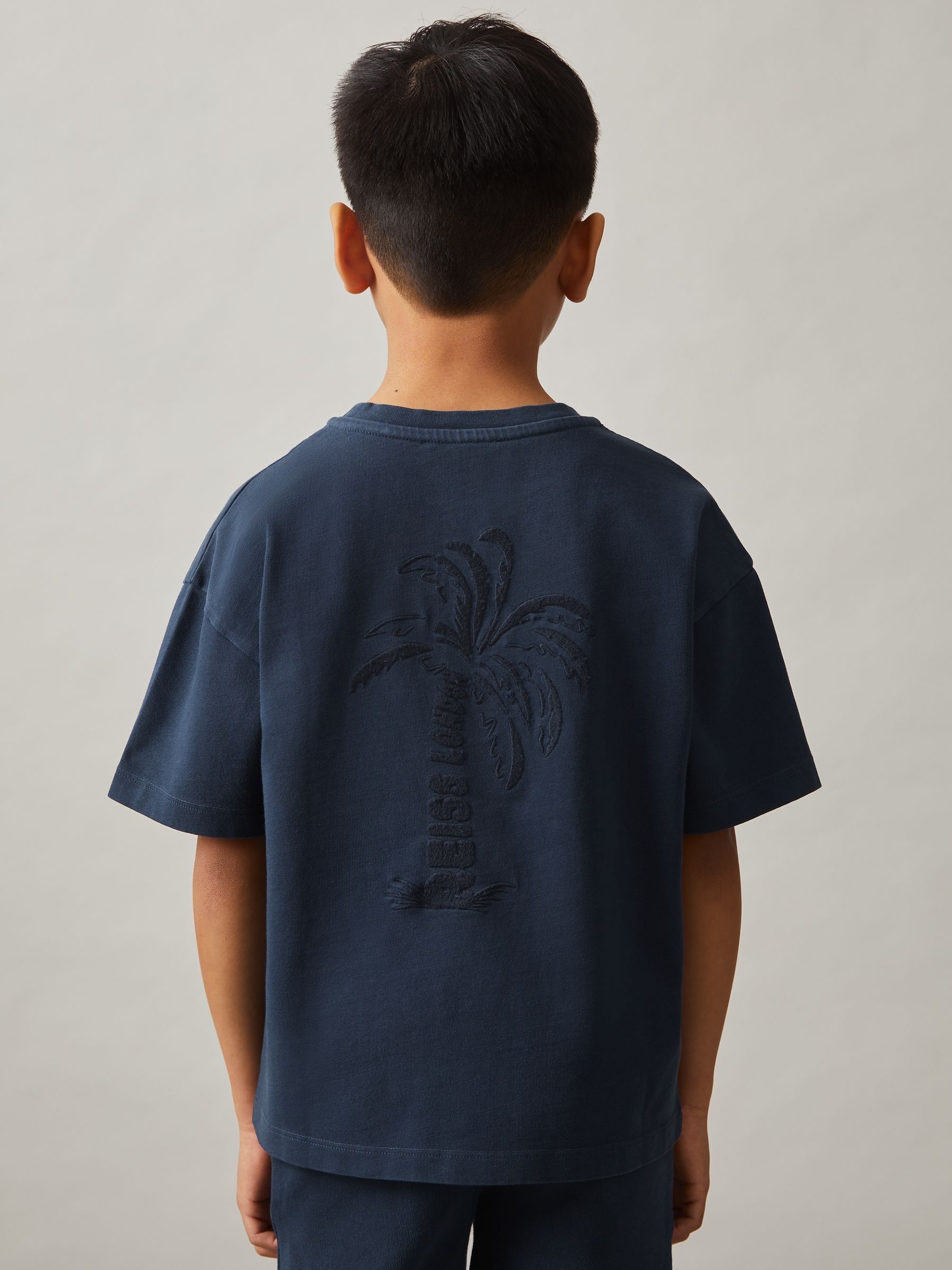 9-13 yrs Cotton Palm-Embroidery Oversize T-Shirt in Washed Navy - Image 4 of 5