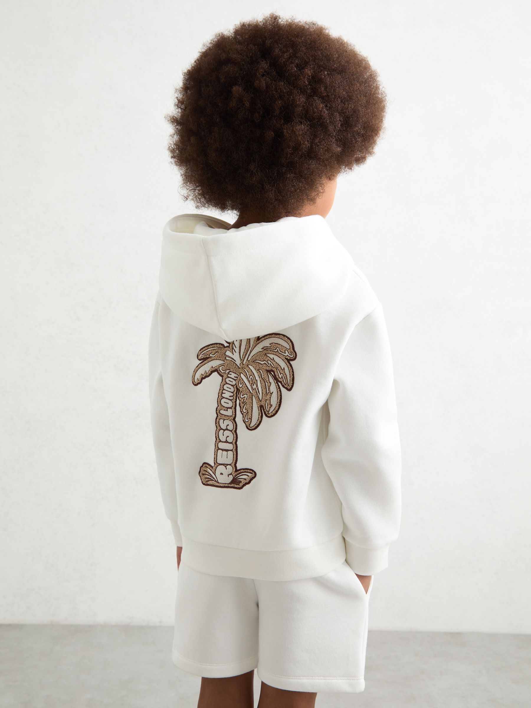 9-13 yrs Cotton-Blend Palm-Embroidered Hoodie in Off White - Image 3 of 4
