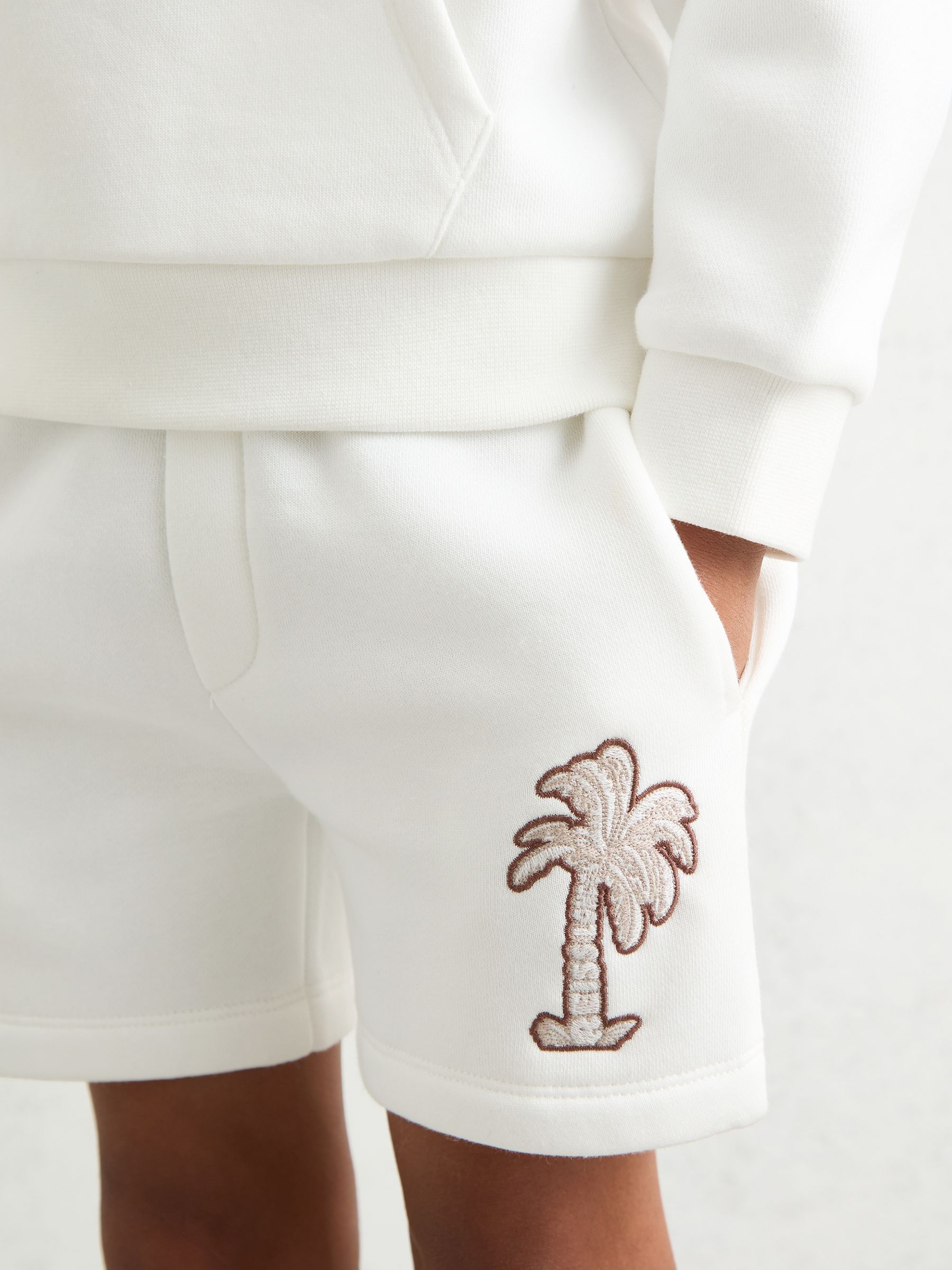 9-13 yrs Cotton Blend Palm Embroidered Shorts in Off White - Image 3 of 4
