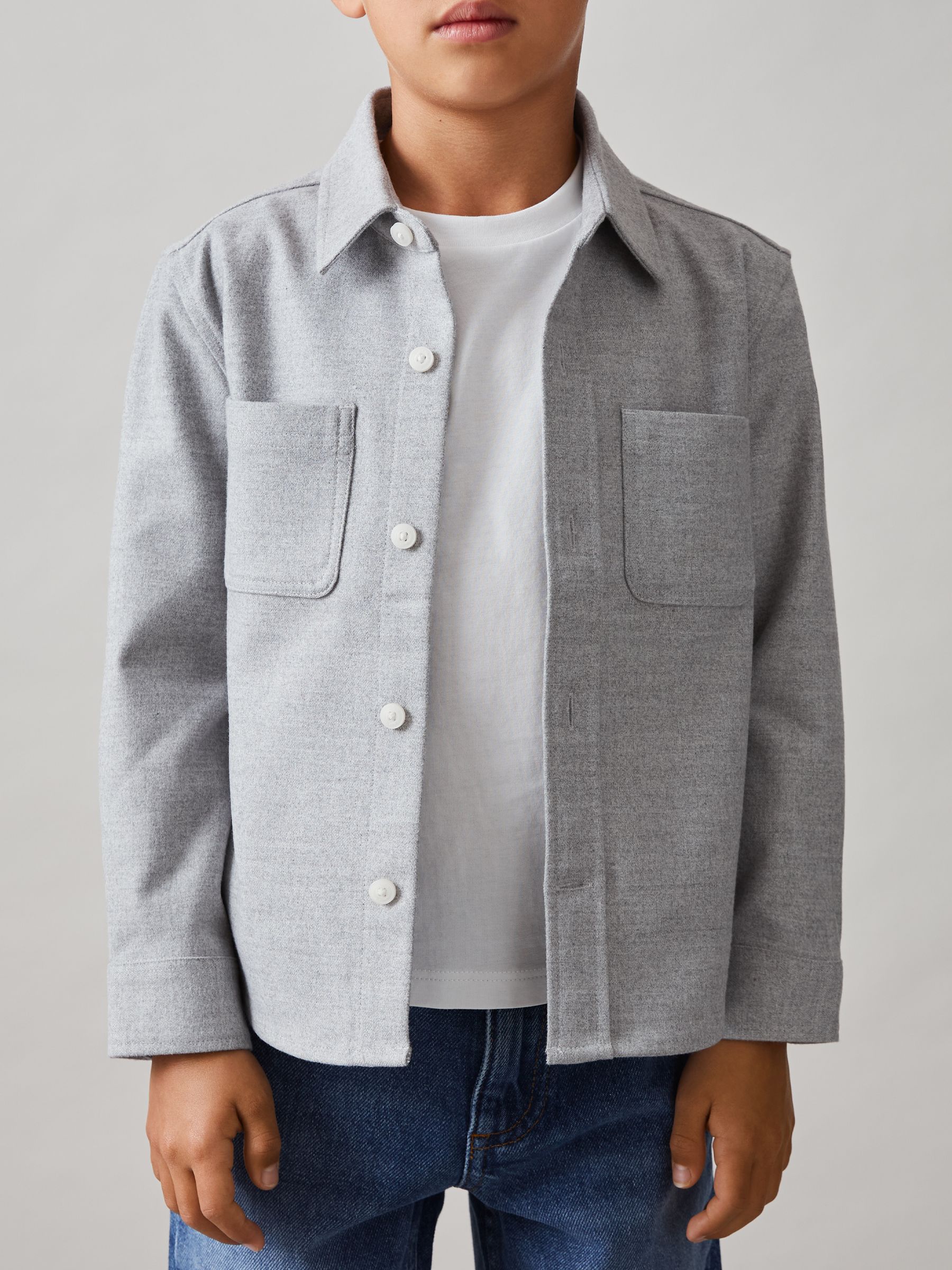 Flannel Twin-Pocket Overshirt in Soft Grey Melange - Image 1 of 4