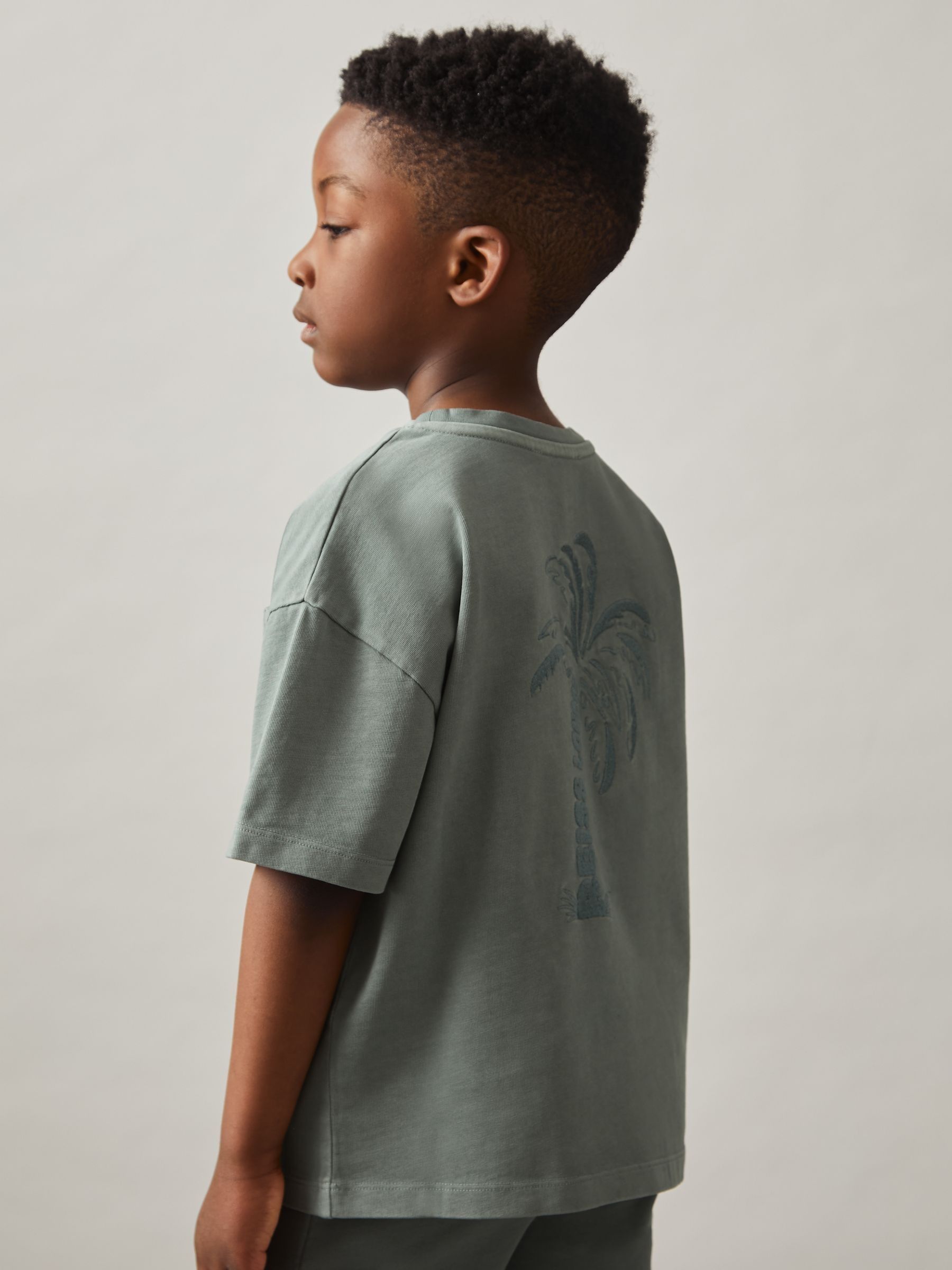 9-13 yrs Cotton Palm-Embroidery Oversize T-Shirt in Washed Sage - Image 4 of 5