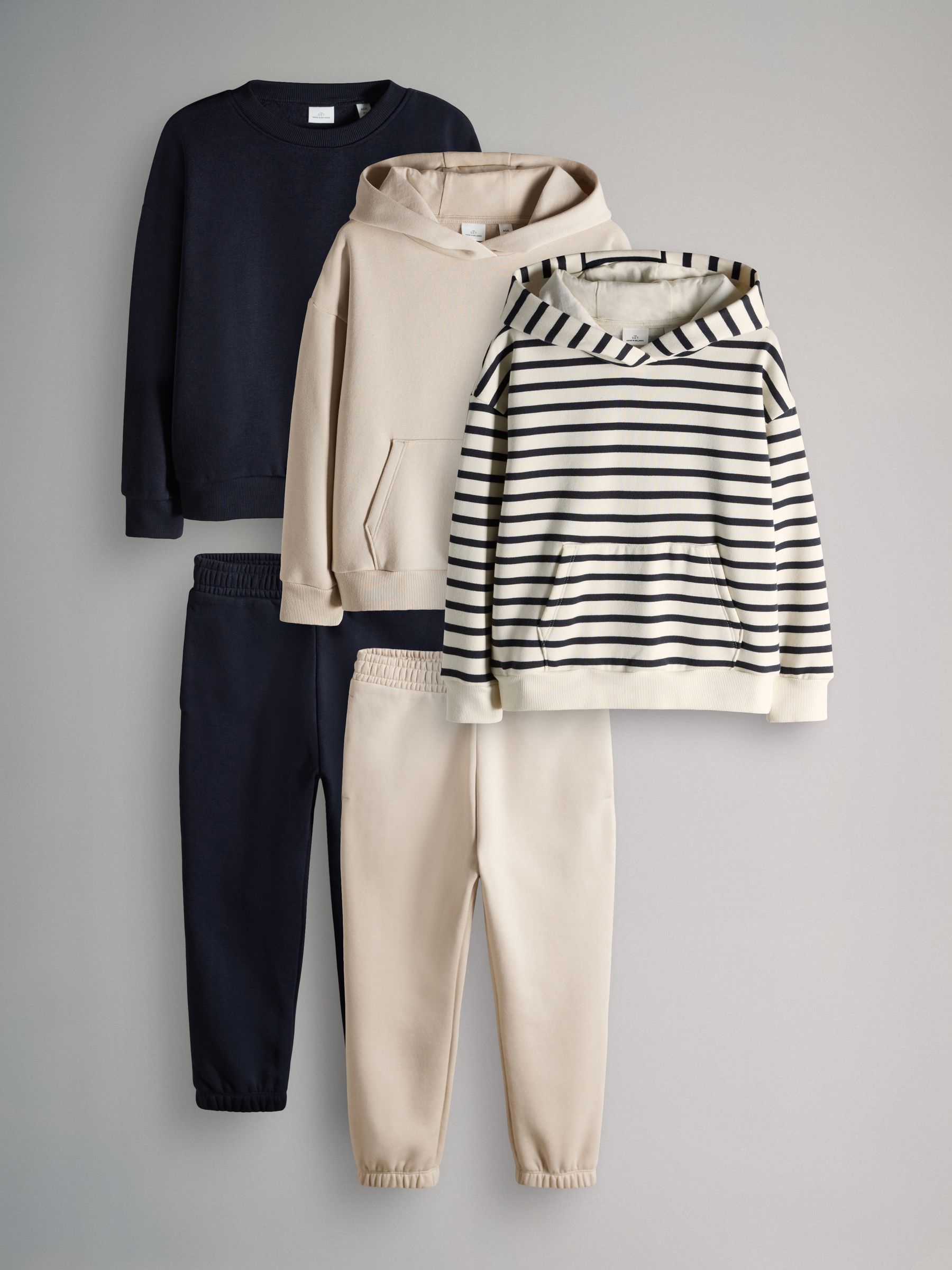 Navy Blue/Stripe/Cream 5 Piece Crew Neck Sweat Hoodie And Cuffed Leg Joggers Set - Image 1 of 6