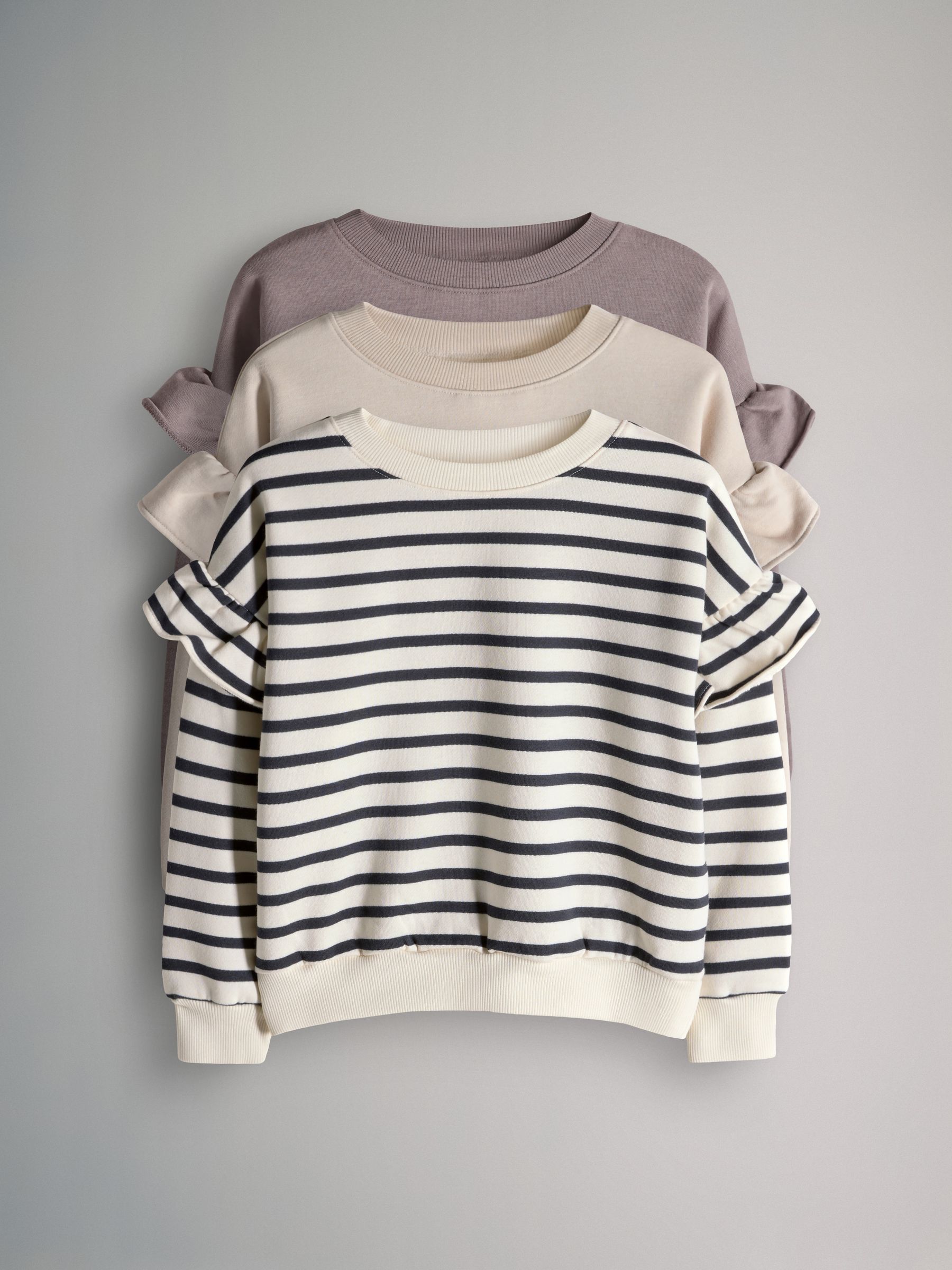 Brown/Cream/Stripe 3 Pack Relaxed Frill Sleeve Sweatshirts - Image 1 of 6