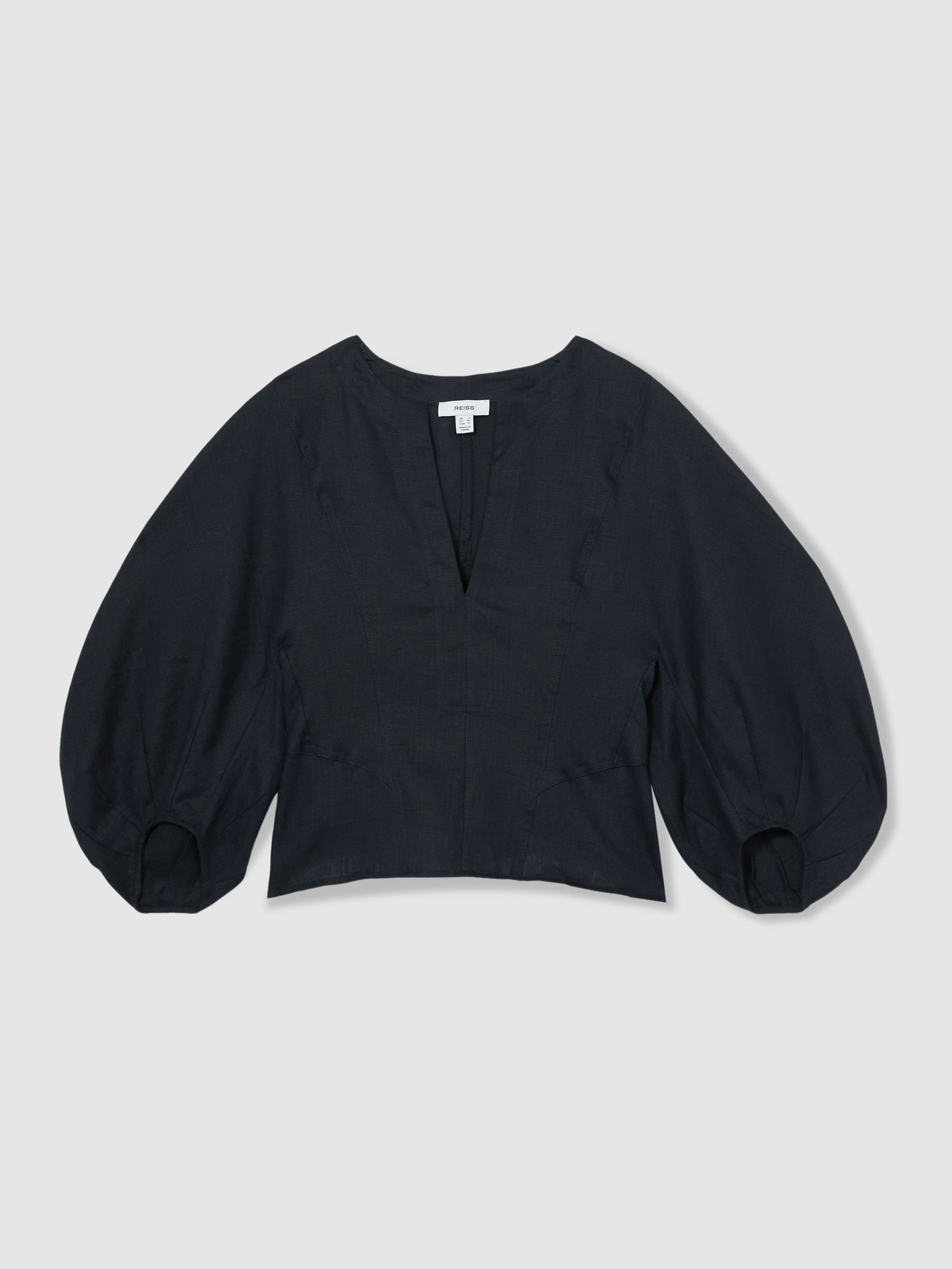 Linen Balloon-Sleeve Top in Navy - Image 2 of 6
