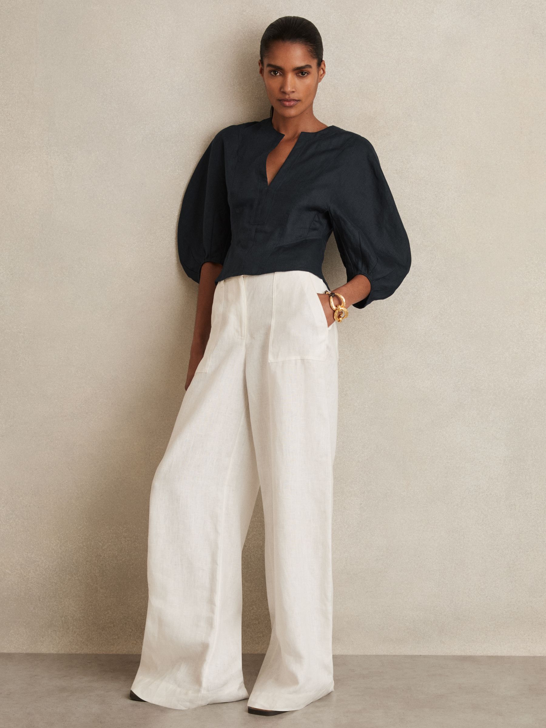 Reiss Linen Balloon-Sleeve Top in Navy | REISS