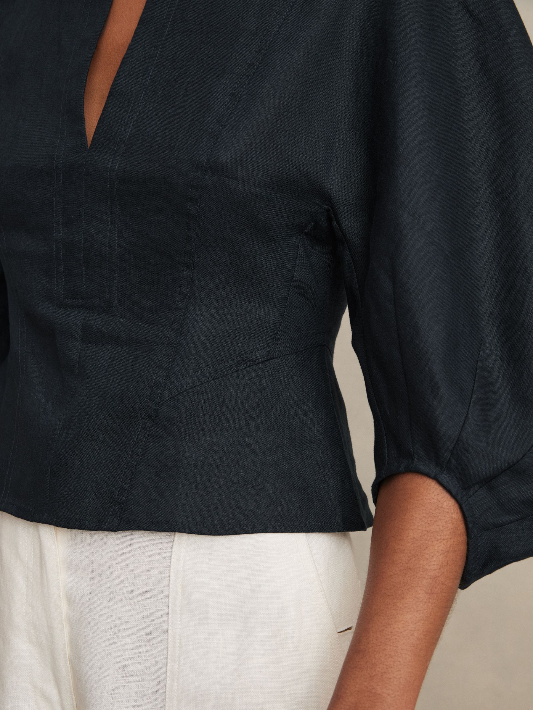 Linen Balloon-Sleeve Top in Navy - Image 4 of 6