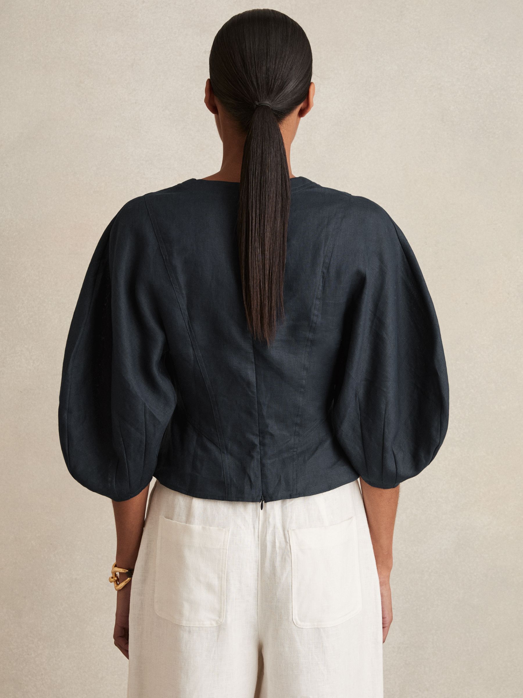 Linen Balloon-Sleeve Top in Navy - Image 5 of 6