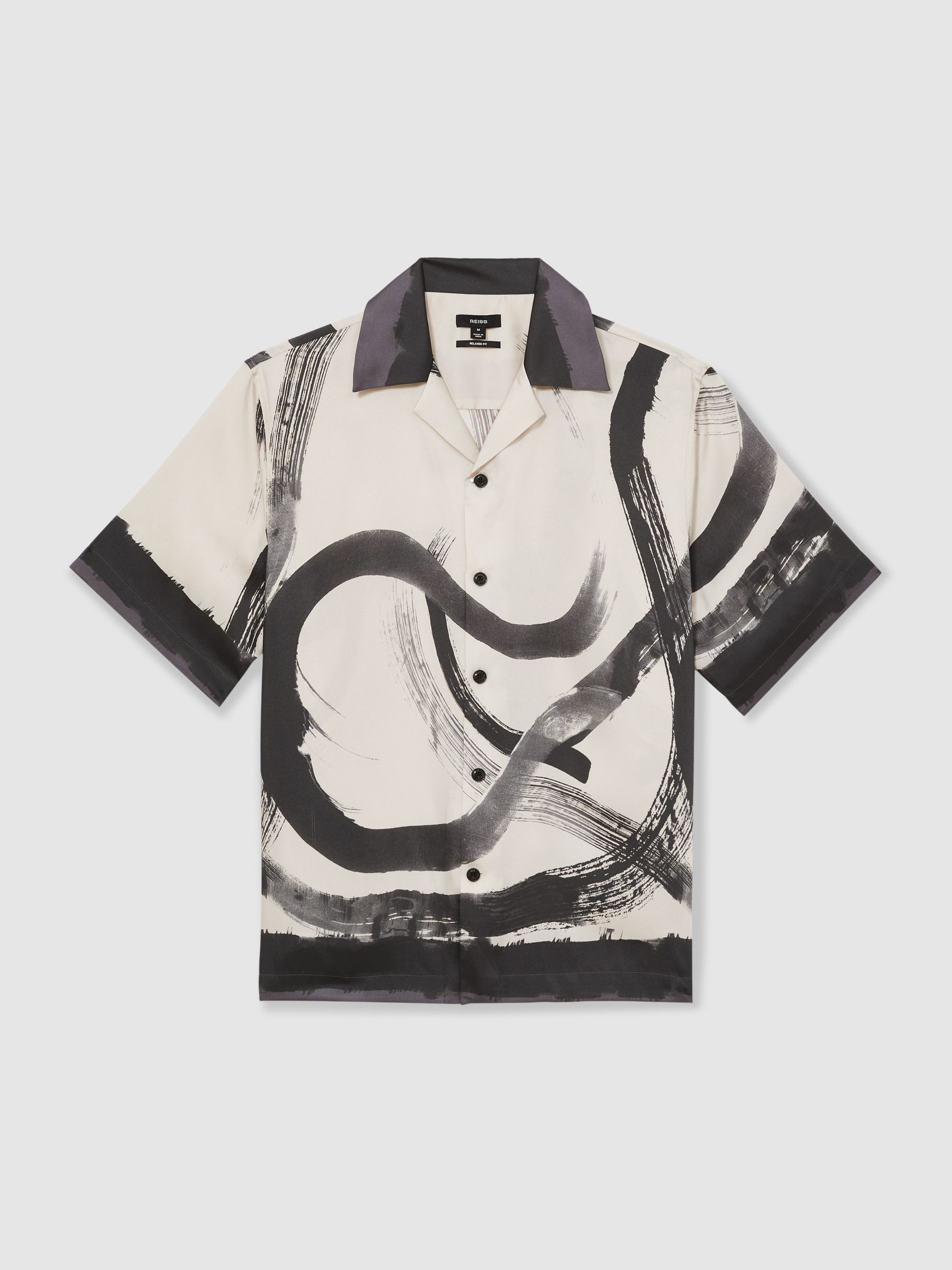 Brushstroke-Print Cuban-Collar Shirt in Charcoal Grey/Off White - Image 2 of 7