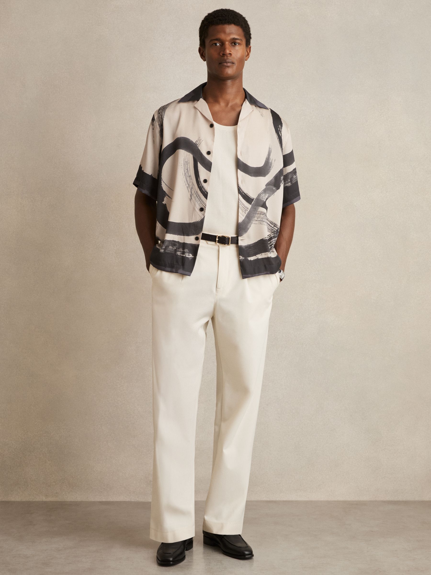 Brushstroke-Print Cuban-Collar Shirt in Charcoal Grey/Off White - Image 3 of 7