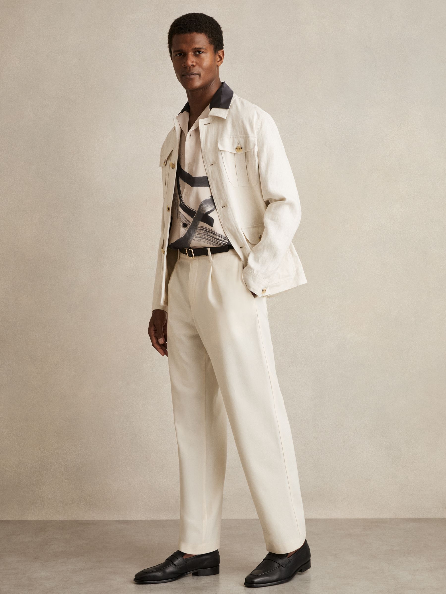 Brushstroke-Print Cuban-Collar Shirt in Charcoal Grey/Off White - Image 6 of 7