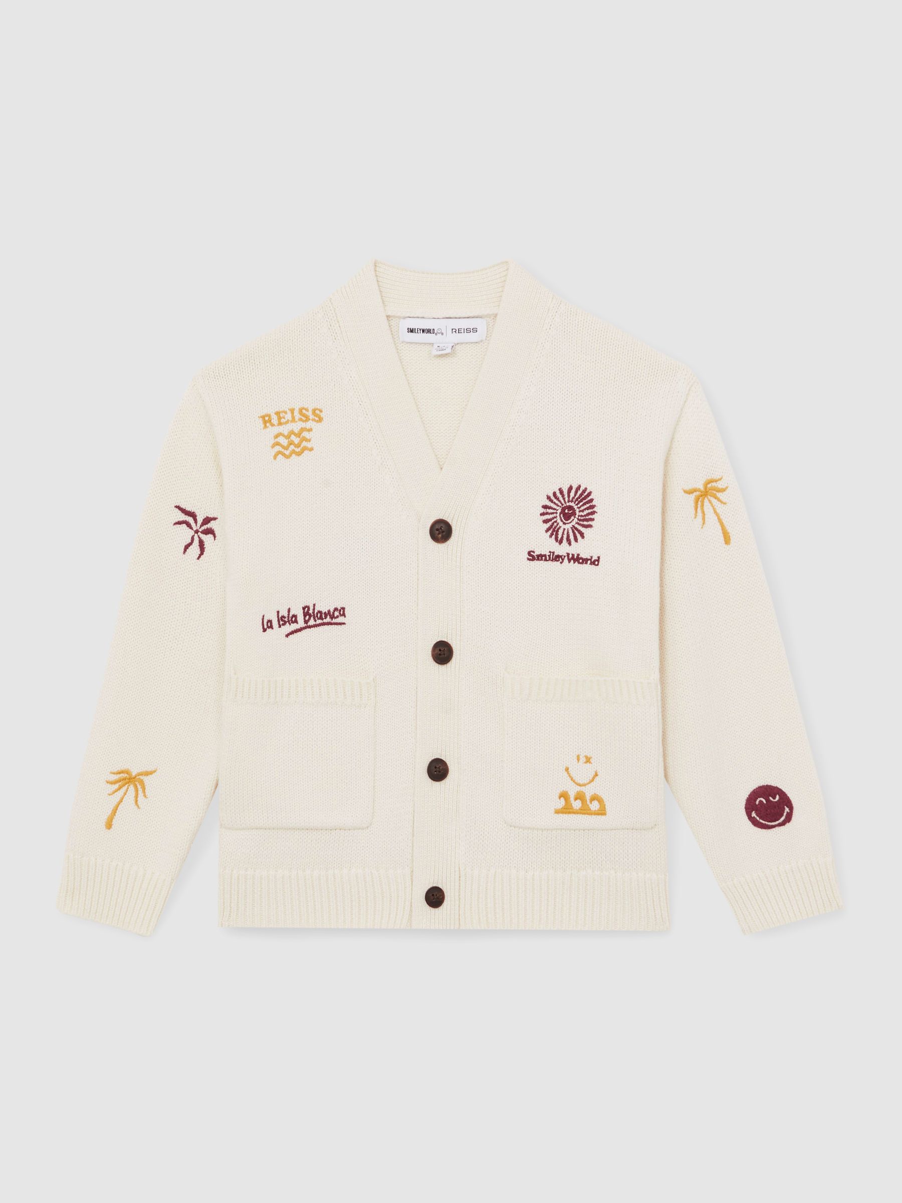 4-9 yrs SmileyWorld | Reiss Embroidery Cardigan Unisex Fit in Off White - Image 2 of 8