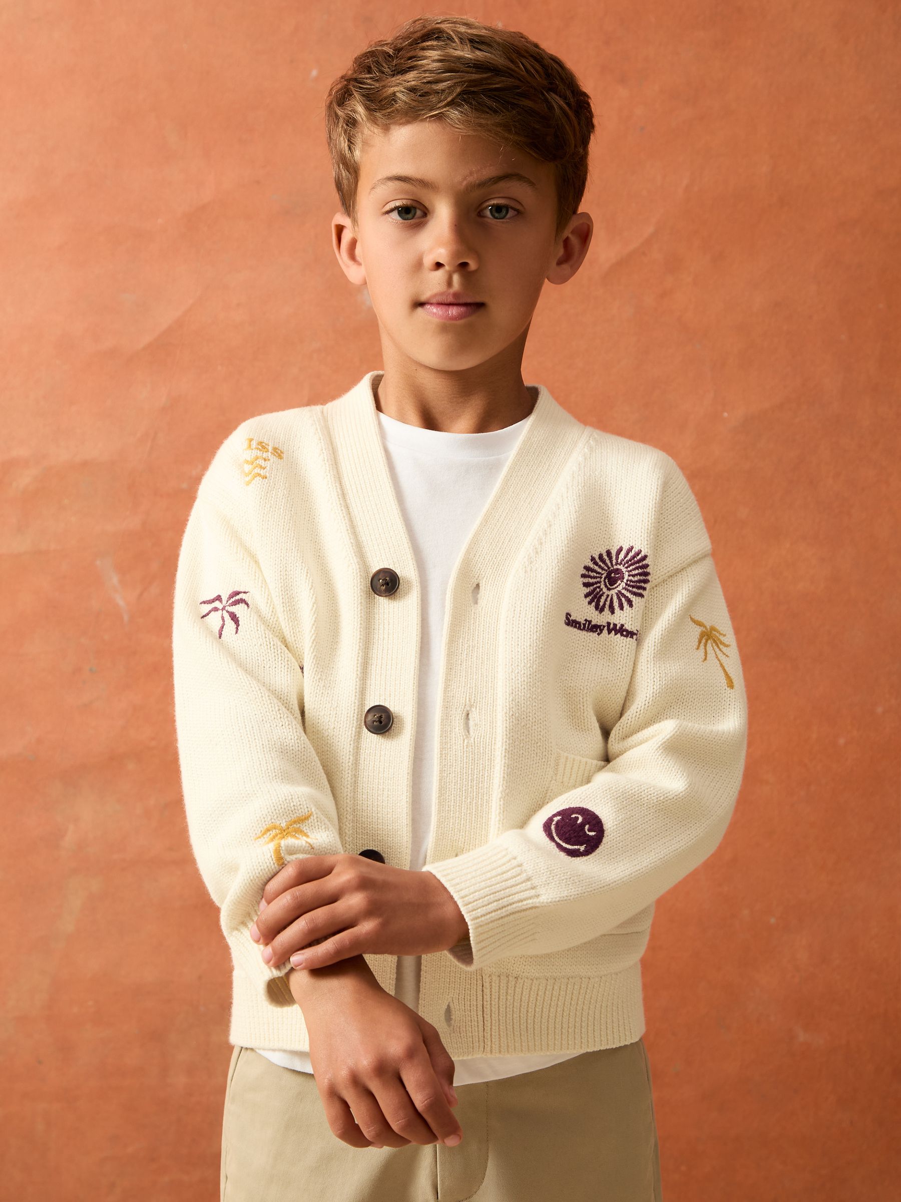 4-9 yrs SmileyWorld | Reiss Embroidery Cardigan Unisex Fit in Off White - Image 7 of 8