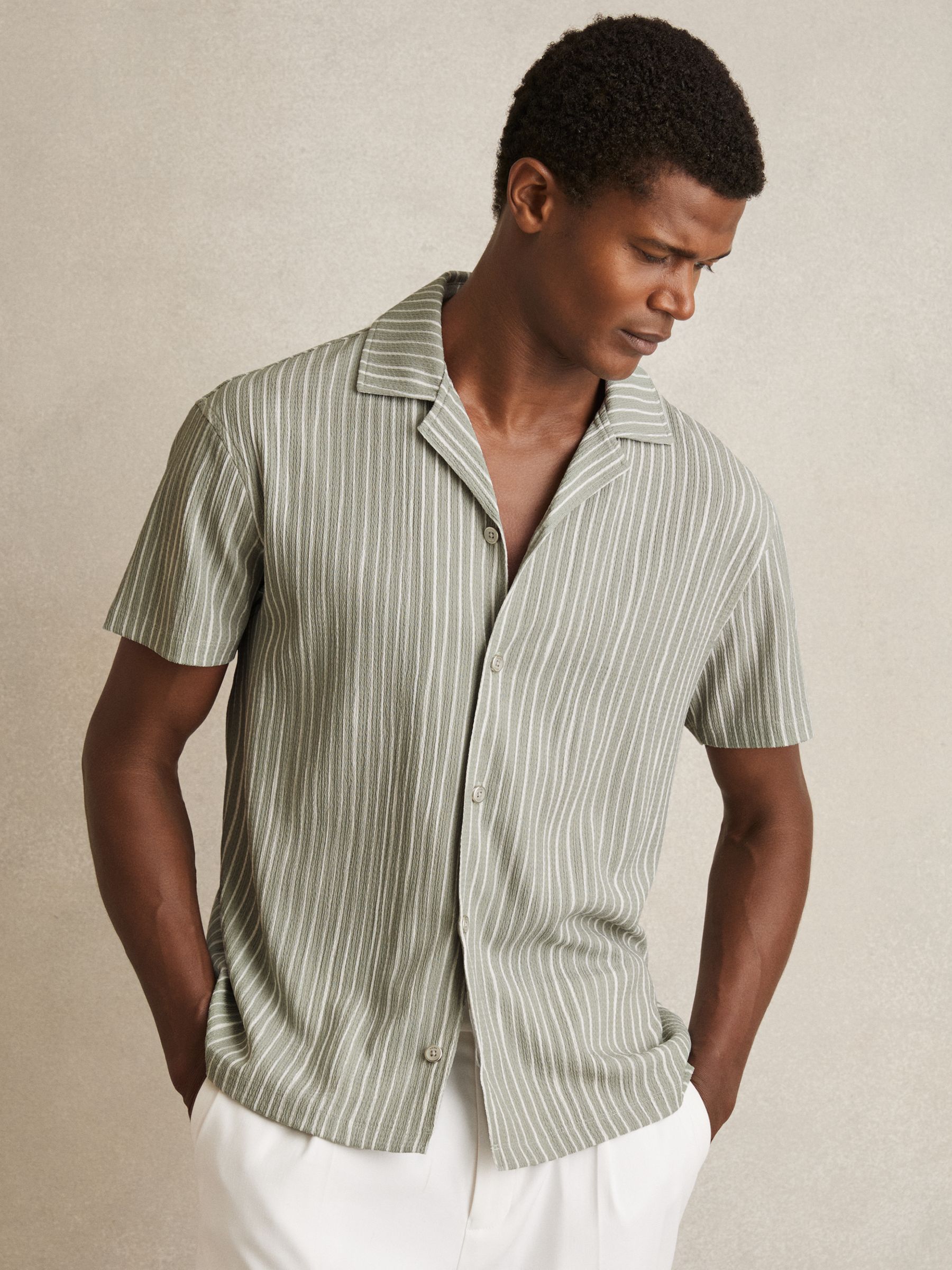 Textured Stripe Cuban Collar Shirt in Sage/White - Image 3 of 6