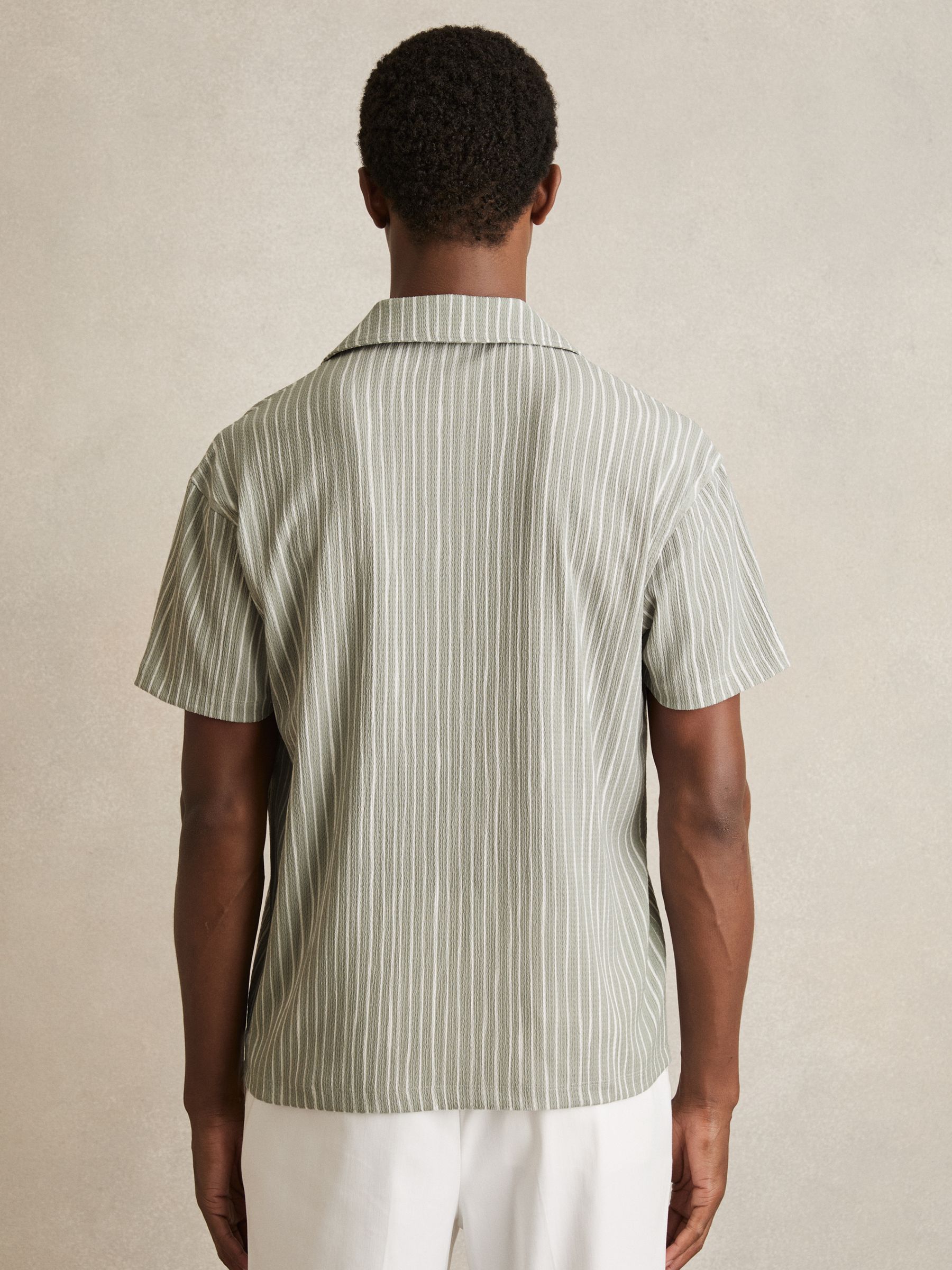 Textured Stripe Cuban Collar Shirt in Sage/White - Image 5 of 6