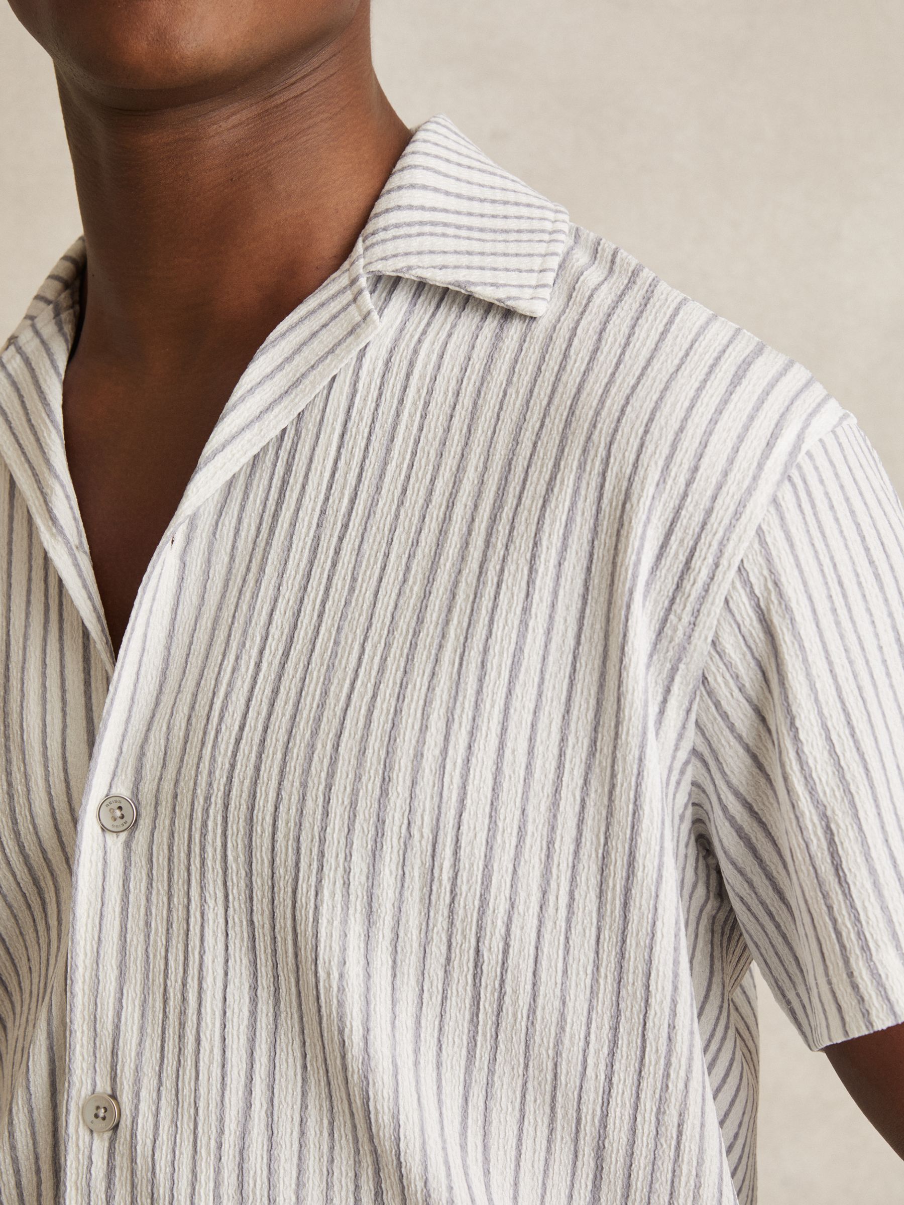 Textured Stripe Cuban Collar Shirt in White/Soft Blue - Image 4 of 6