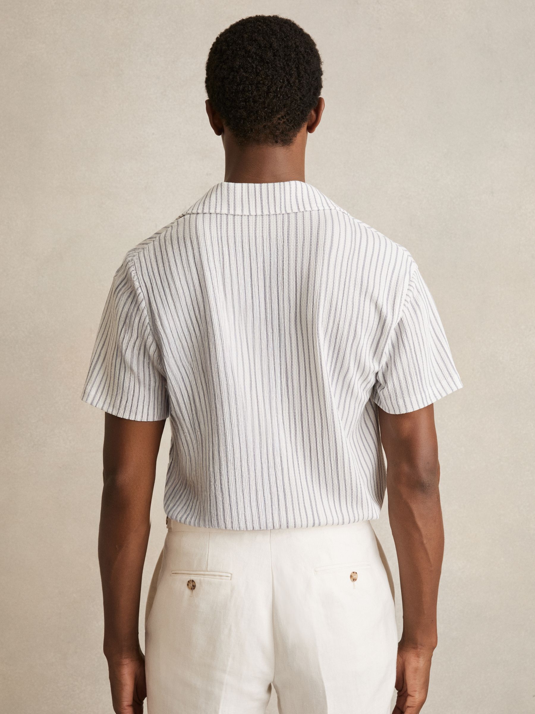 Textured Stripe Cuban Collar Shirt in White/Soft Blue - image 4