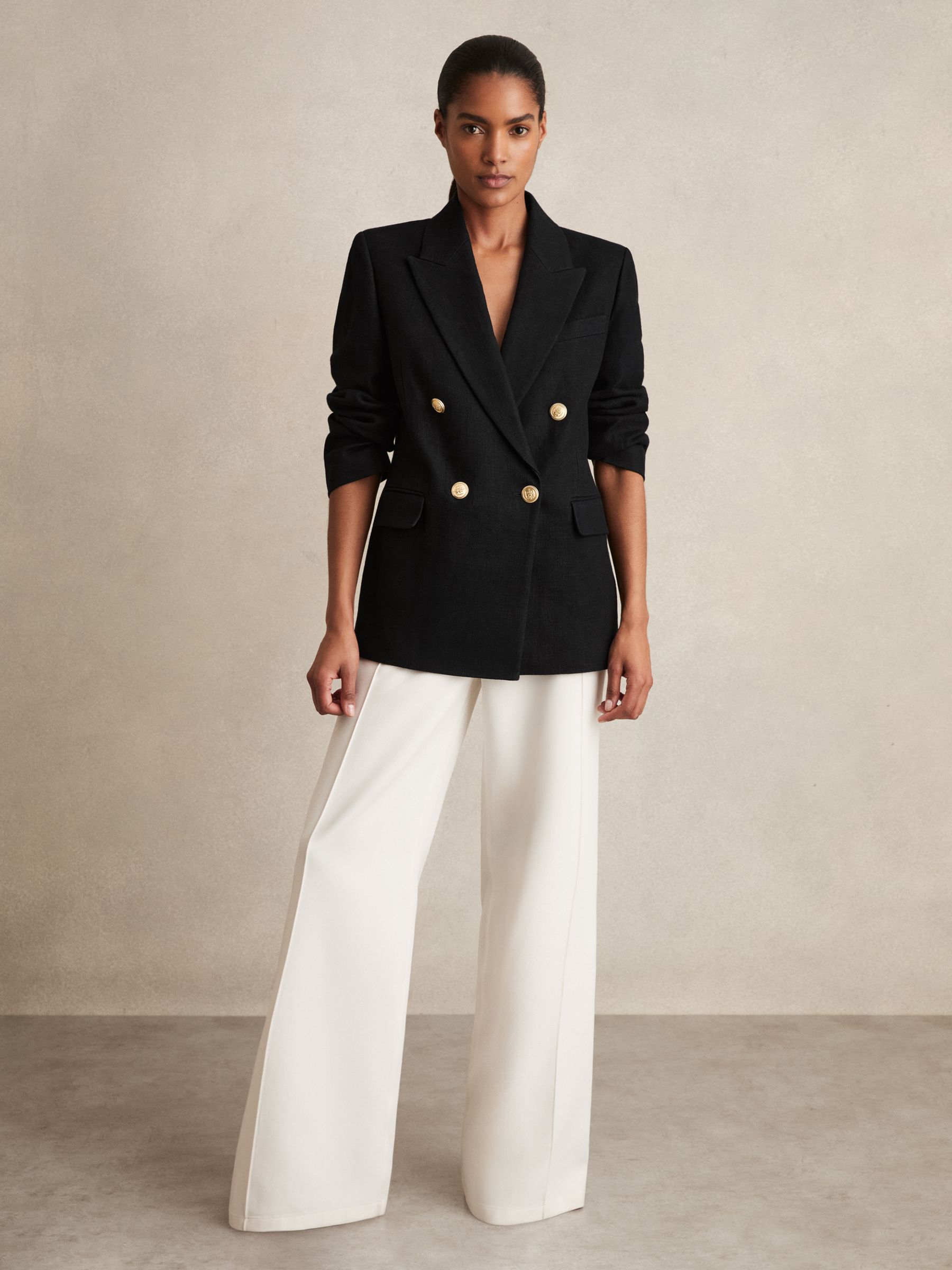 Oversized Double-Breasted Blazer Linen-Blend in Black - Image 1 of 7