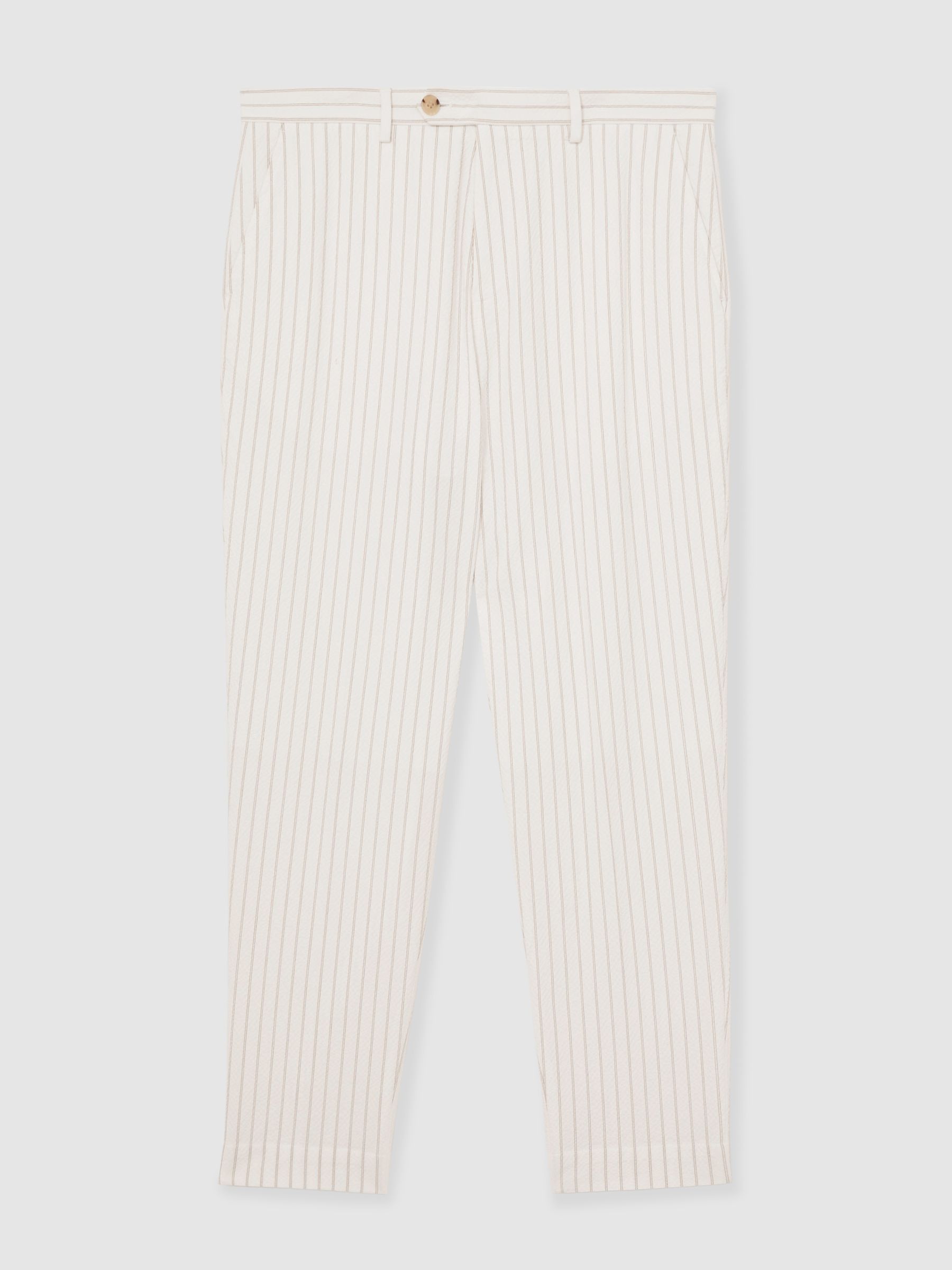 Regular-Fit Cotton-Blend Pinstripe Trousers in Off White/Taupe Brown - Image 2 of 8
