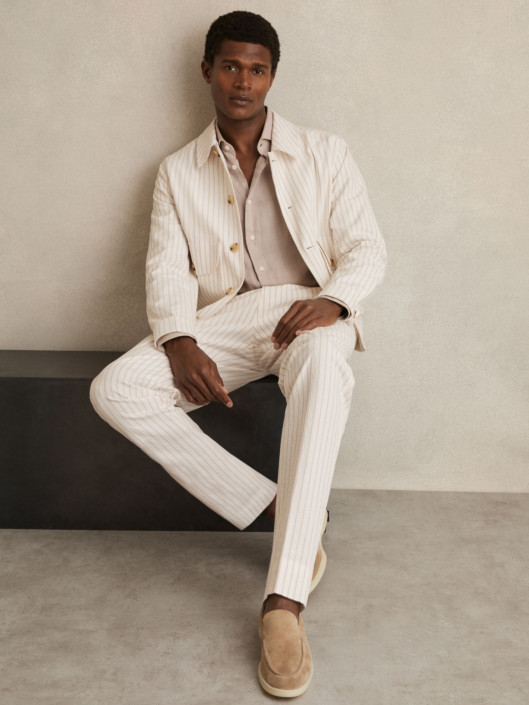 Regular-Fit Cotton-Blend Pinstripe Trousers in Off White/Taupe Brown - Image 3 of 8