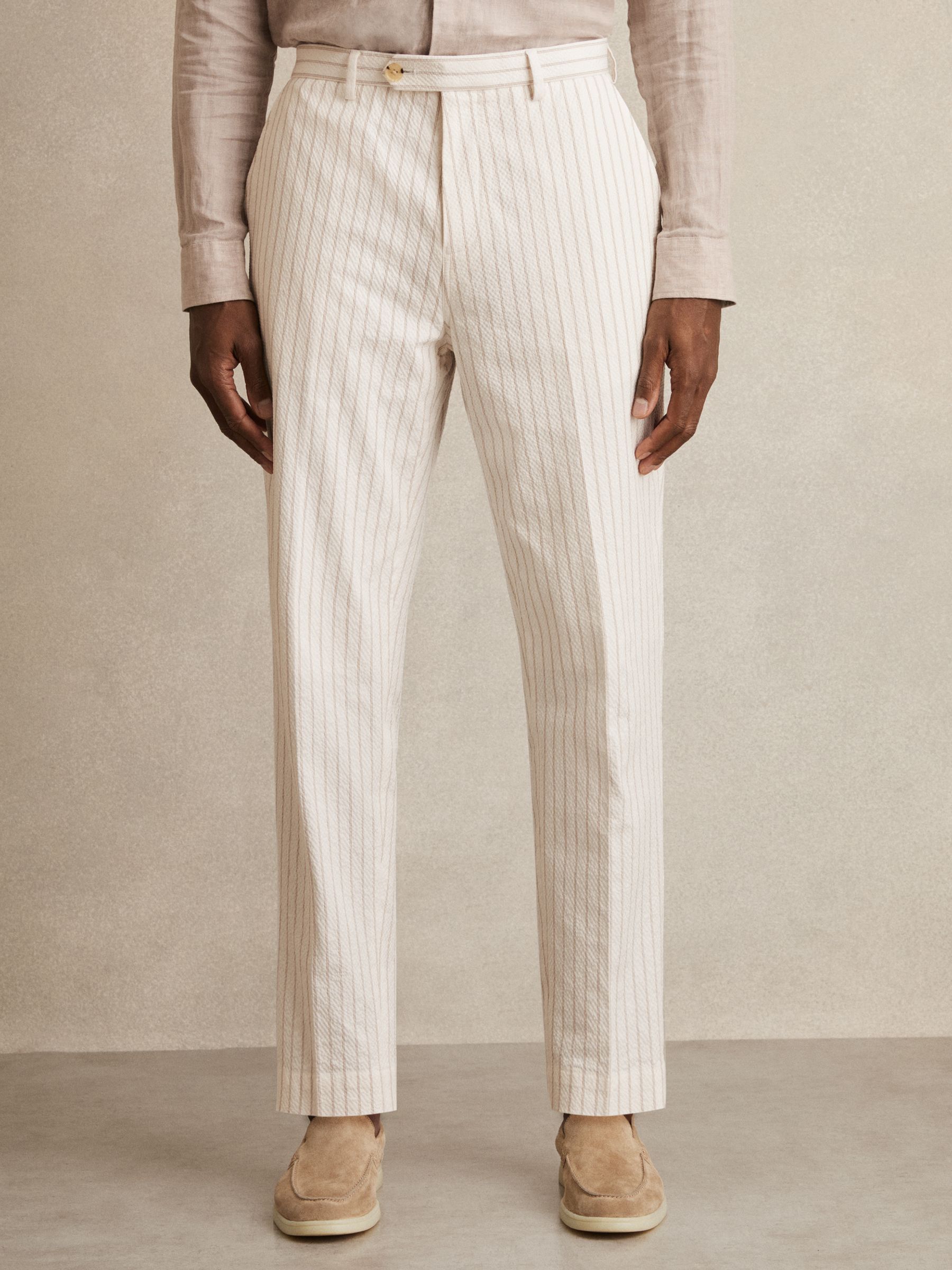 Regular-Fit Cotton-Blend Pinstripe Trousers in Off White/Taupe Brown - Image 4 of 8
