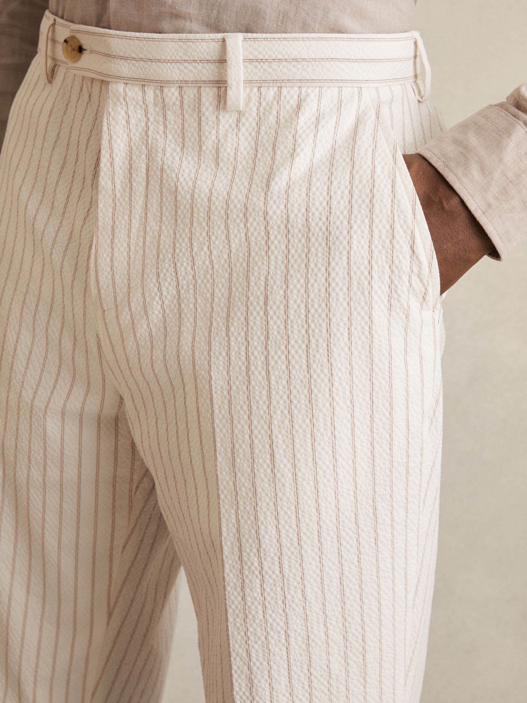 Regular-Fit Cotton-Blend Pinstripe Trousers in Off White/Taupe Brown - Image 5 of 8